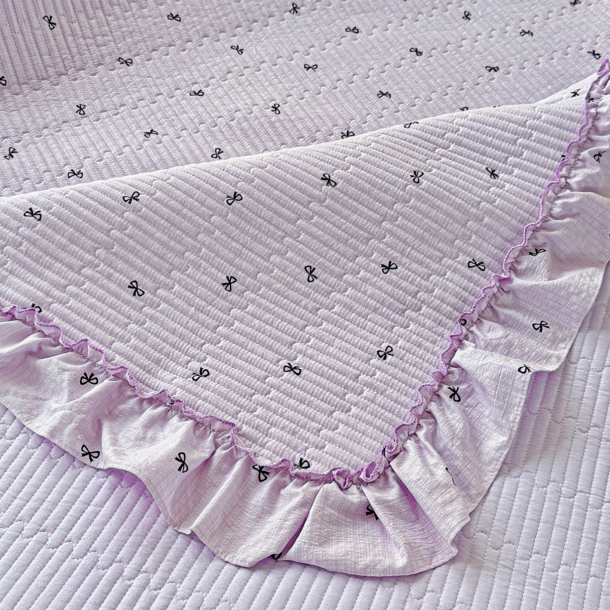 91家纺网 家纺一手货源 找家纺 恒尚居 2026新款云感皱皱纱床盖花边床单双层纱床盖三件套-四季款 花边款-紫萱