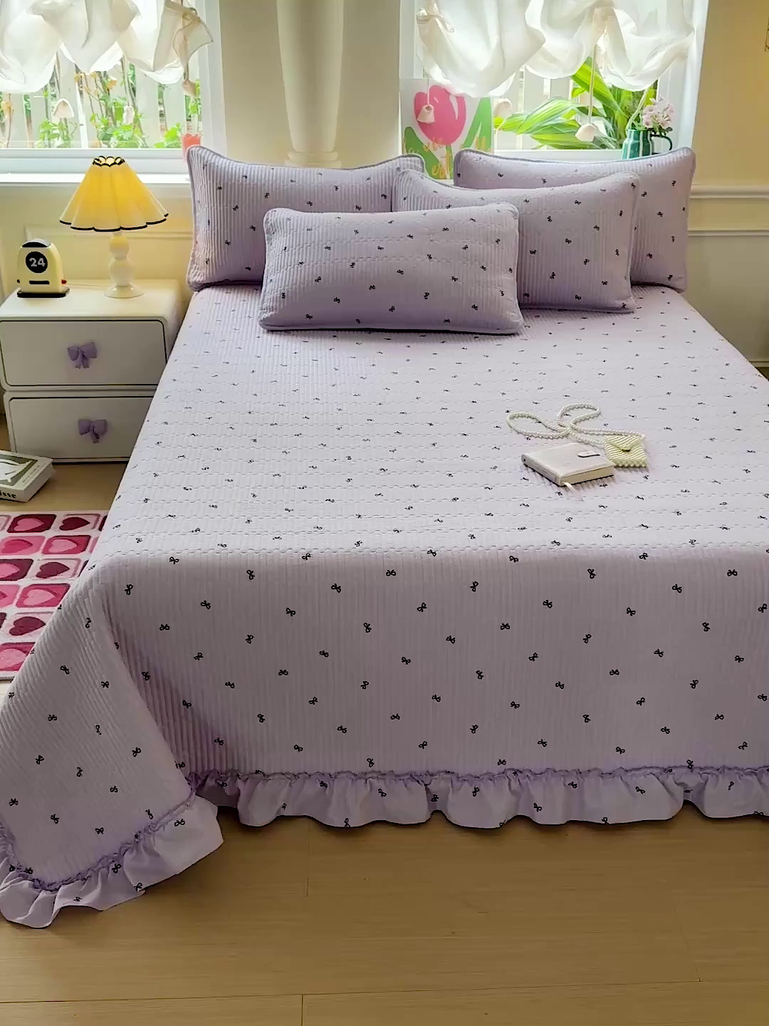 91家纺网 家纺一手货源 找家纺 恒尚居 2026新款云感皱皱纱床盖花边床单双层纱床盖三件套-四季款 花边款-紫萱