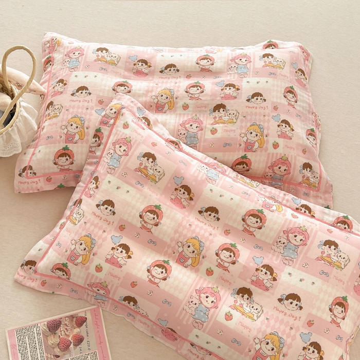 91家纺网 家纺一手货源 找家纺 百寐 2026新款母婴A类双层棉纱枕套婴幼儿卡通宝宝枕套子母信封枕套 甜心女孩