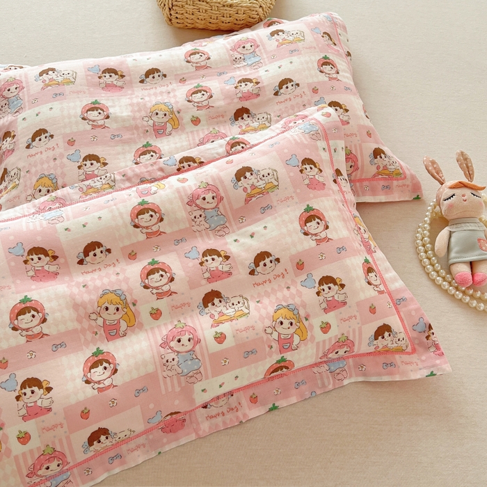 91家纺网 家纺一手货源 找家纺 百寐 2026新款母婴A类双层棉纱枕套婴幼儿卡通宝宝枕套子母信封枕套 甜心女孩