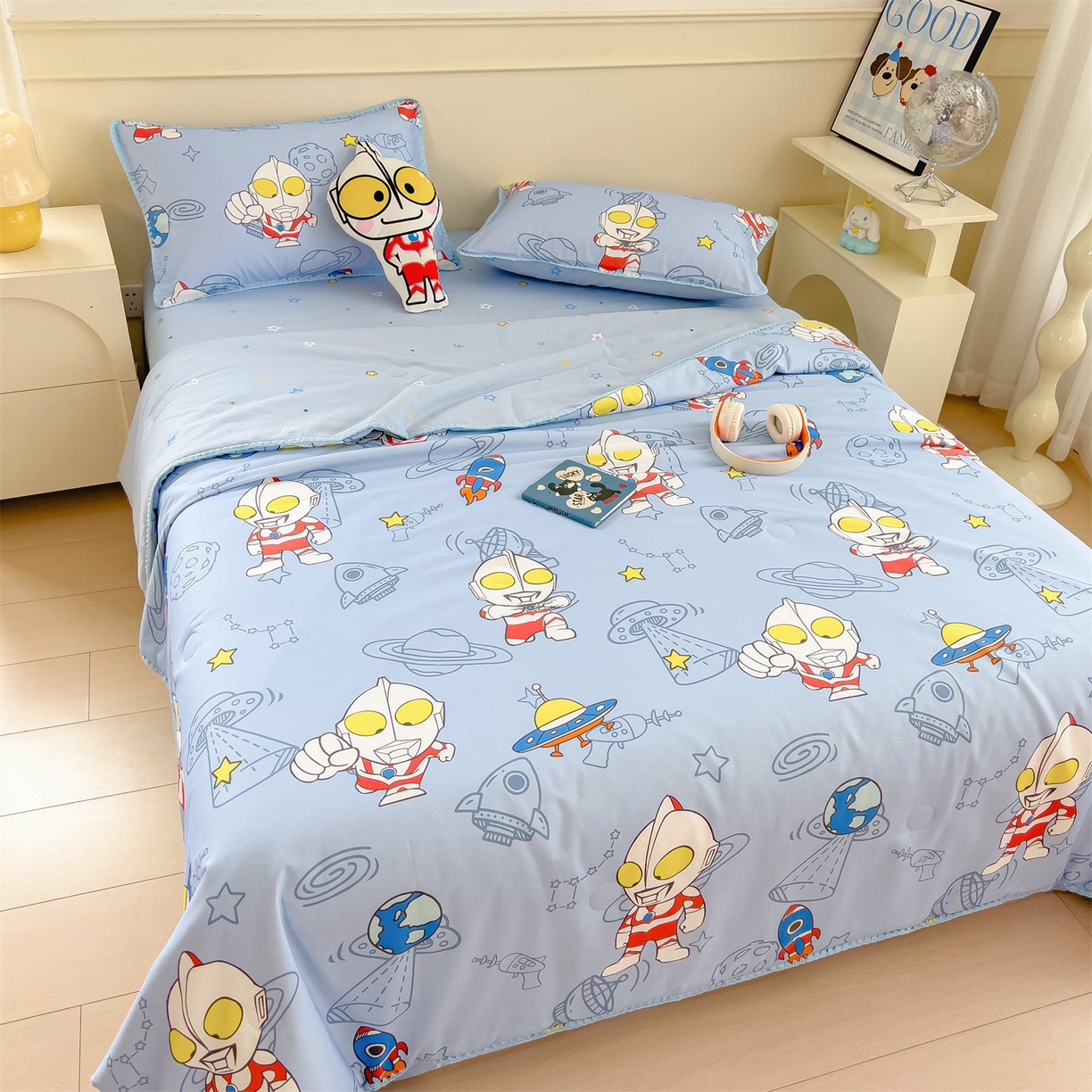 91家纺网 家纺一手货源 找家纺 兄弟坊 2026新款正版授权卡通全棉13370印花夏被夏凉被儿童被 夏被四件套 星舰蓝奥特