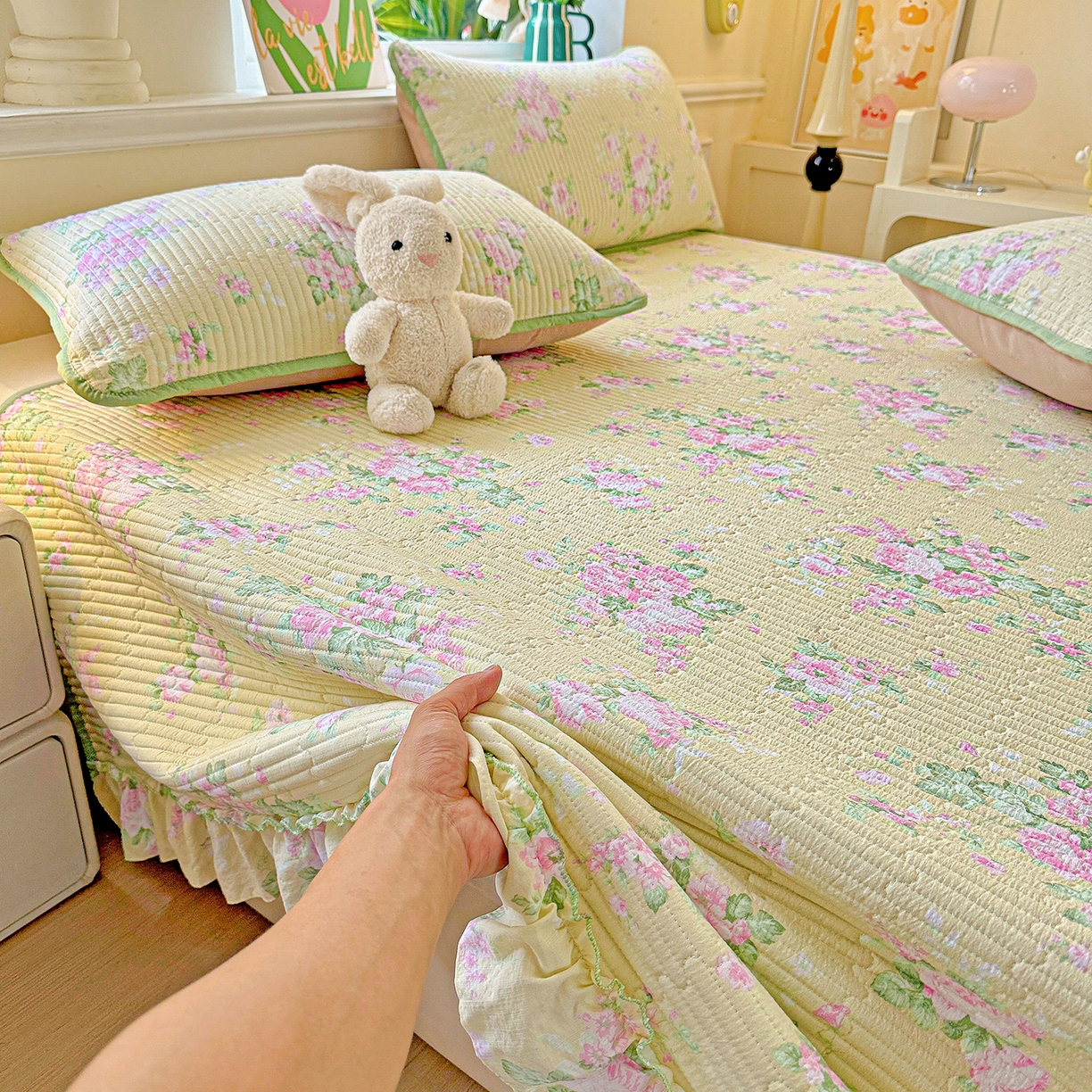 91家纺网 家纺一手货源 找家纺 恒尚居 2026新款云感皱皱纱床盖花边床单双层纱床盖三件套-四季款 花边款-花仙子