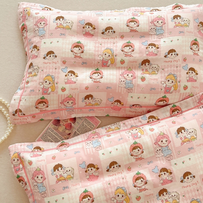 91家纺网 家纺一手货源 找家纺 百寐 2026新款母婴A类双层棉纱枕套婴幼儿卡通宝宝枕套子母信封枕套 甜心女孩