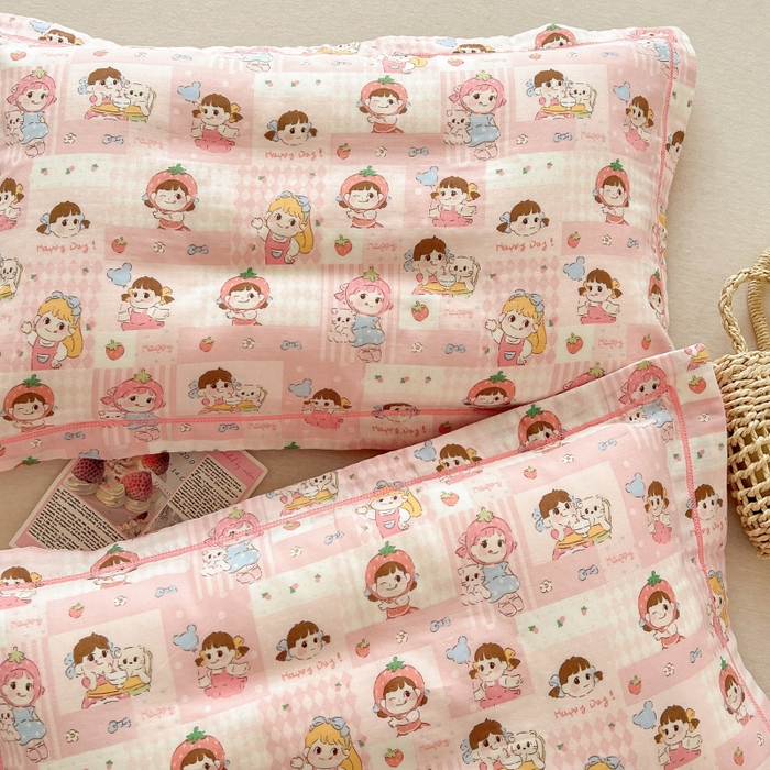 91家纺网 家纺一手货源 找家纺 百寐 2026新款母婴A类双层棉纱枕套婴幼儿卡通宝宝枕套子母信封枕套 甜心女孩