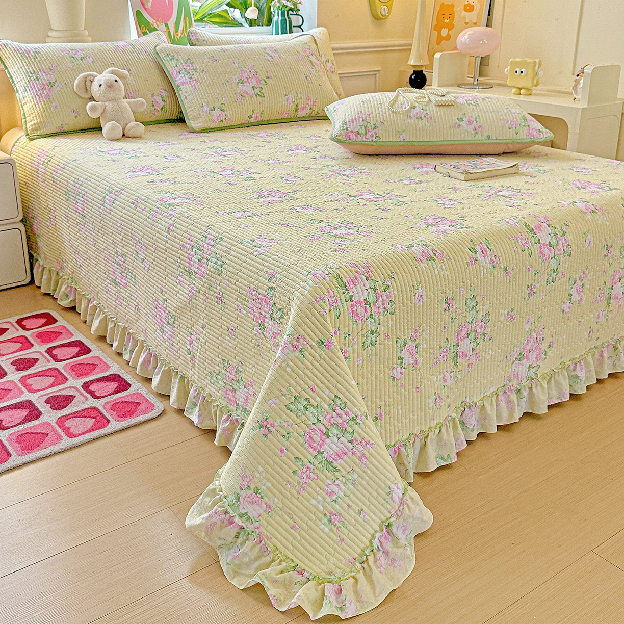 91家纺网 家纺一手货源 找家纺 恒尚居 2026新款云感皱皱纱床盖花边床单双层纱床盖三件套-四季款 花边款-花仙子