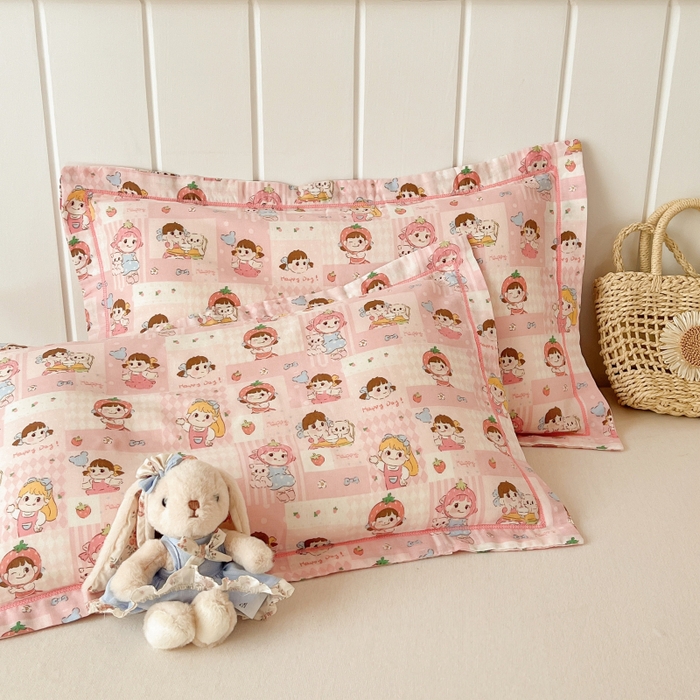 91家纺网 家纺一手货源 找家纺 百寐 2026新款母婴A类双层棉纱枕套婴幼儿卡通宝宝枕套子母信封枕套 甜心女孩