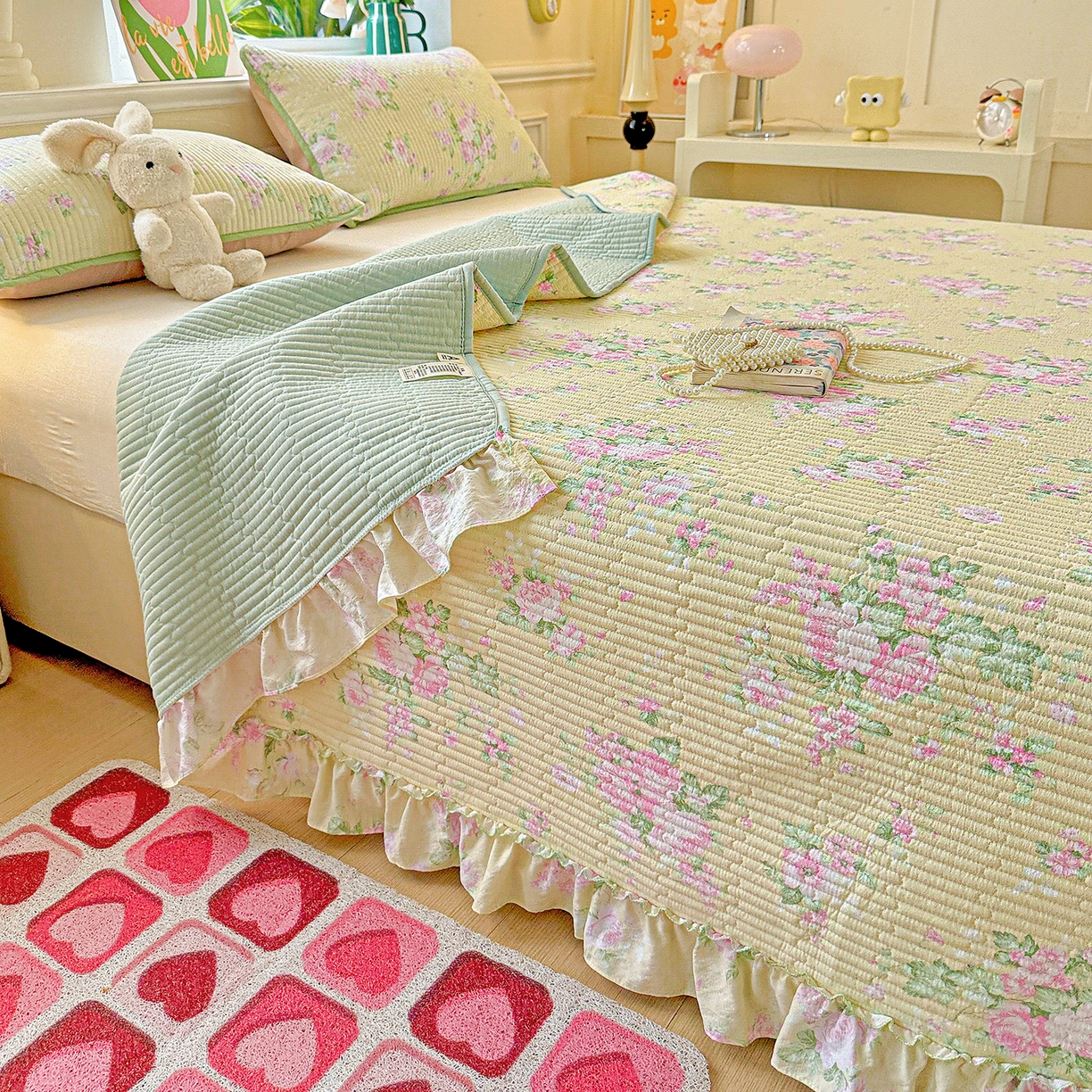 91家纺网 家纺一手货源 找家纺 恒尚居 2026新款云感皱皱纱床盖花边床单双层纱床盖三件套-四季款 花边款-花仙子