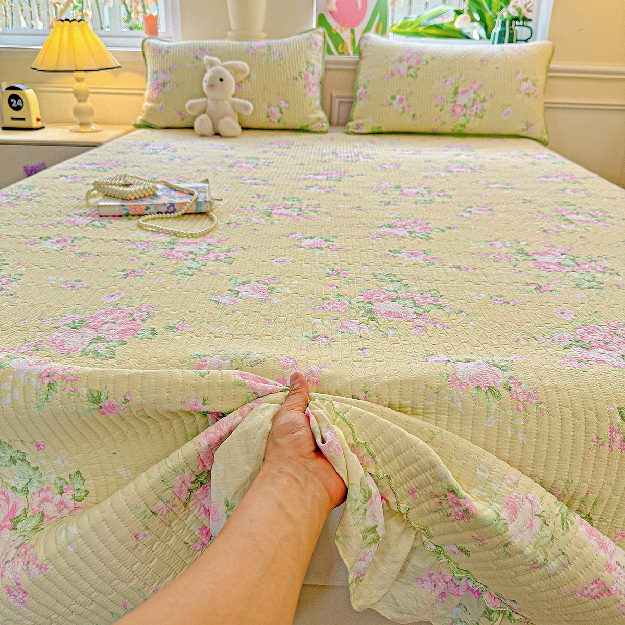 91家纺网 家纺一手货源 找家纺 恒尚居 2026新款云感皱皱纱床盖花边床单双层纱床盖三件套-四季款 花边款-花仙子