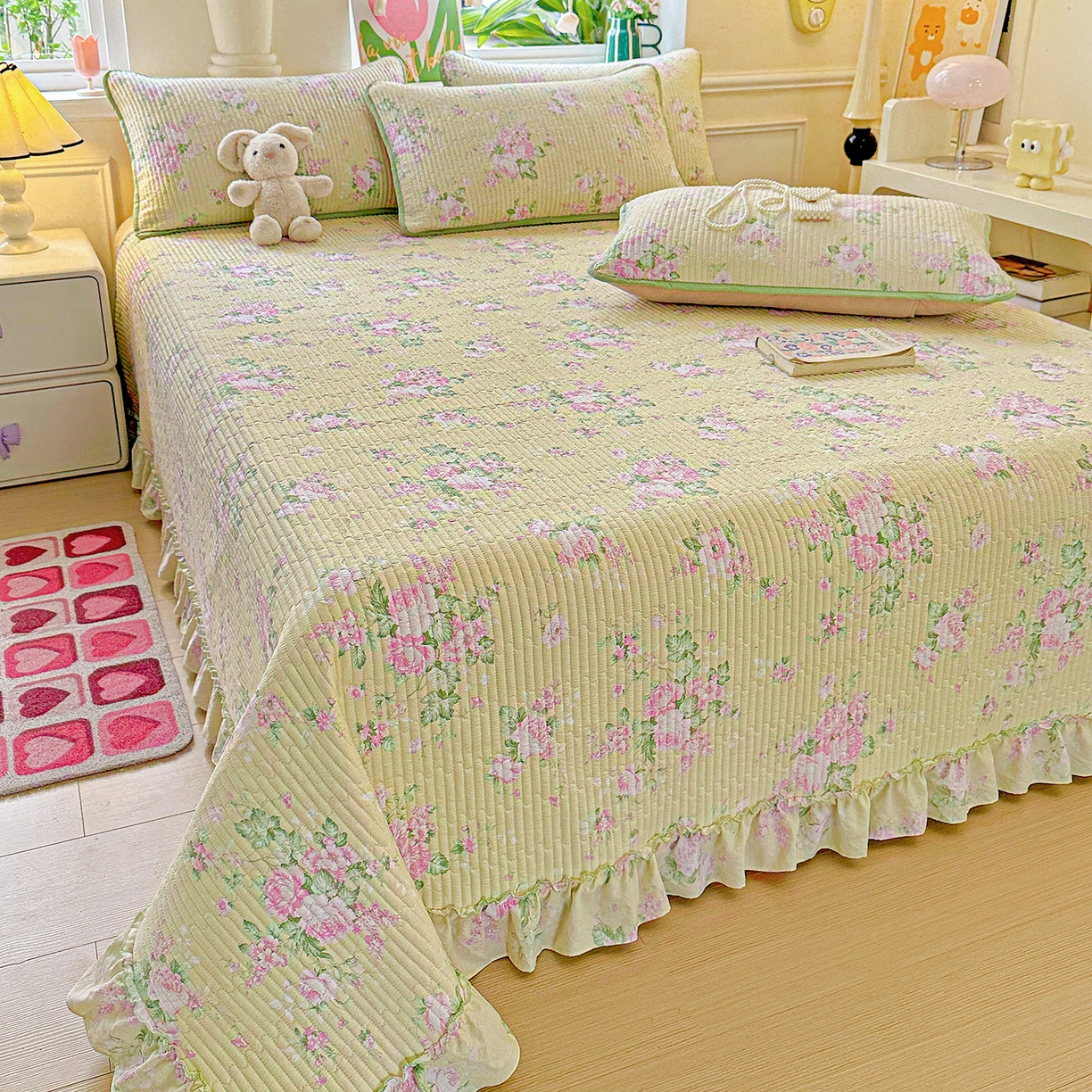 91家纺网 家纺一手货源 找家纺 恒尚居 2026新款云感皱皱纱床盖花边床单双层纱床盖三件套-四季款 花边款-花仙子