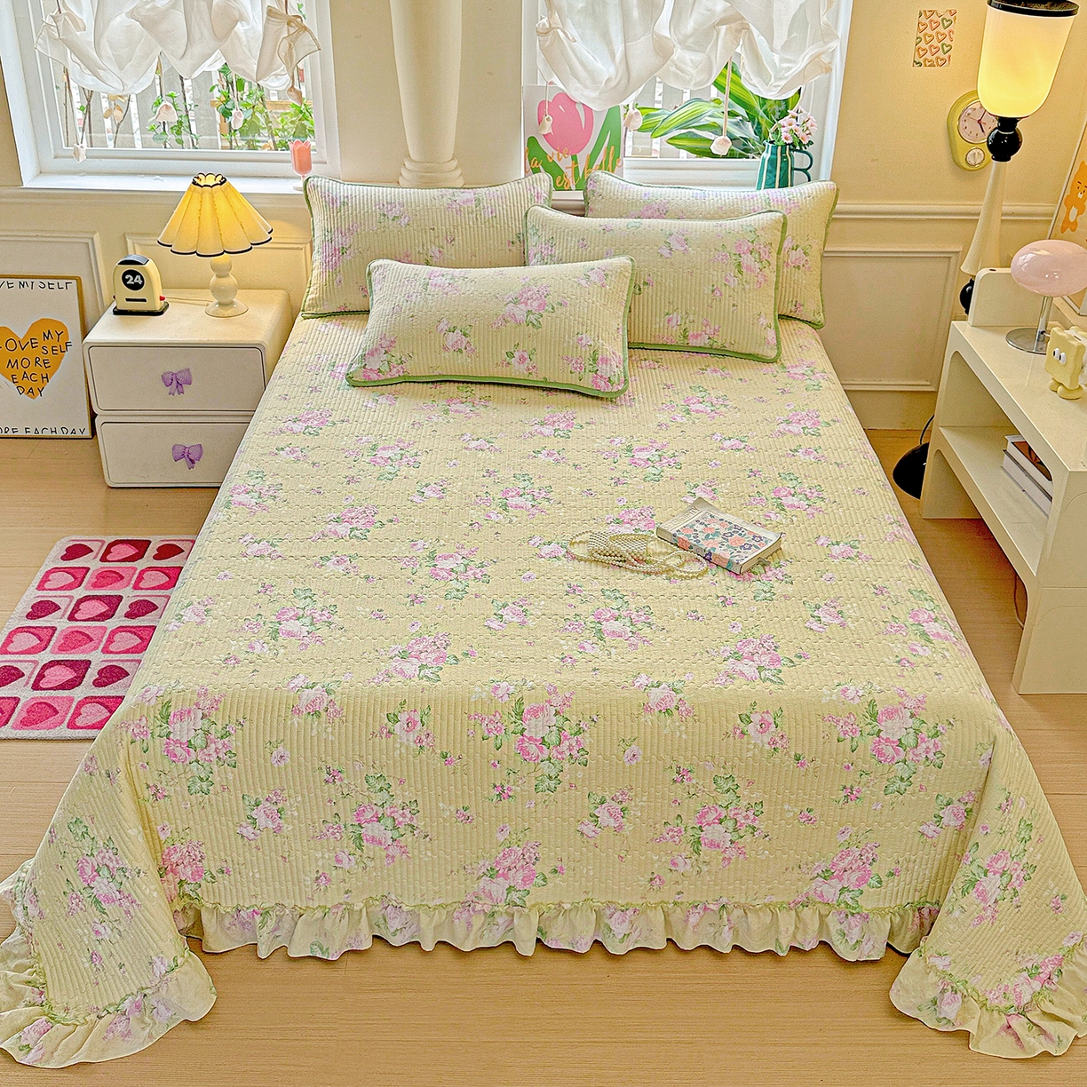 91家纺网 家纺一手货源 找家纺 恒尚居 2026新款云感皱皱纱床盖花边床单双层纱床盖三件套-四季款 花边款-花仙子