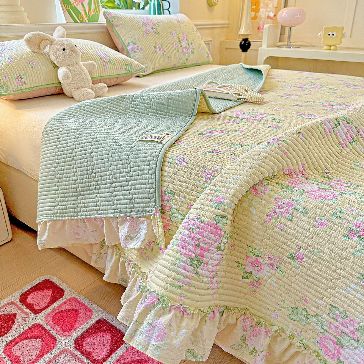 91家纺网 家纺一手货源 找家纺 恒尚居 2026新款云感皱皱纱床盖花边床单双层纱床盖三件套-四季款 花边款-花仙子