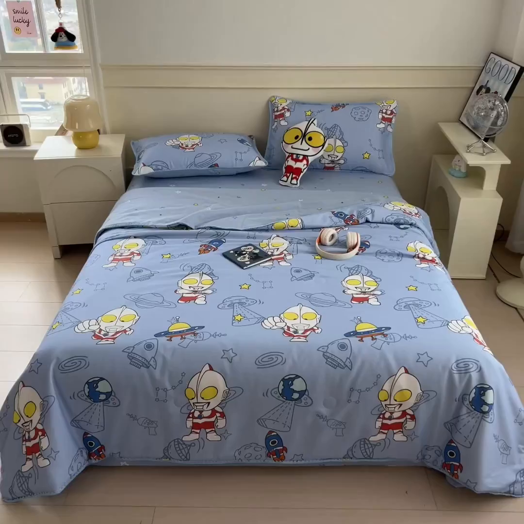 91家纺网 家纺一手货源 找家纺 兄弟坊 2026新款正版授权卡通全棉13370印花夏被夏凉被儿童被 夏被四件套 星舰蓝奥特