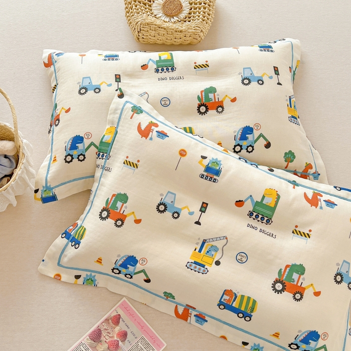 91家纺网 家纺一手货源 找家纺 百寐 2026新款母婴A类双层棉纱枕套婴幼儿卡通宝宝枕套子母信封枕套 小挖机