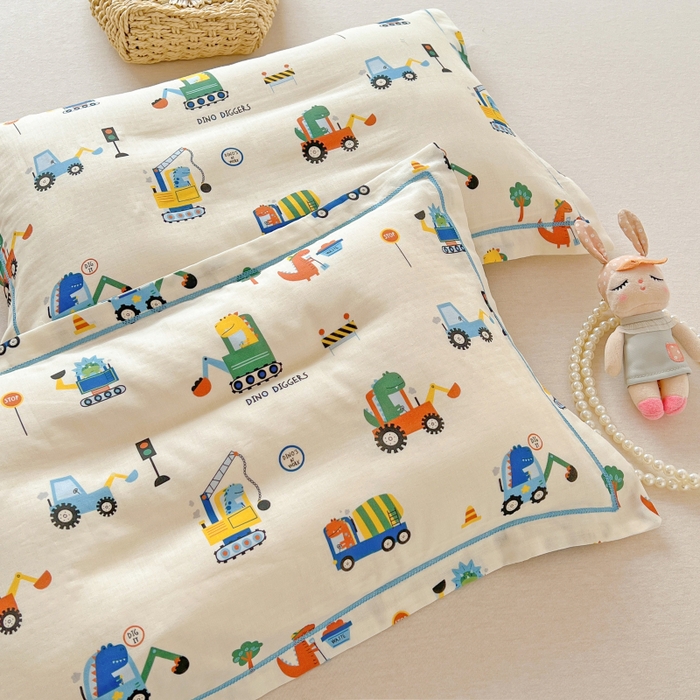 91家纺网 家纺一手货源 找家纺 百寐 2026新款母婴A类双层棉纱枕套婴幼儿卡通宝宝枕套子母信封枕套 小挖机