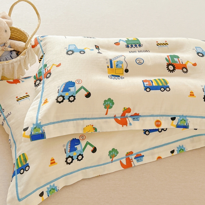 91家纺网 家纺一手货源 找家纺 百寐 2026新款母婴A类双层棉纱枕套婴幼儿卡通宝宝枕套子母信封枕套 小挖机