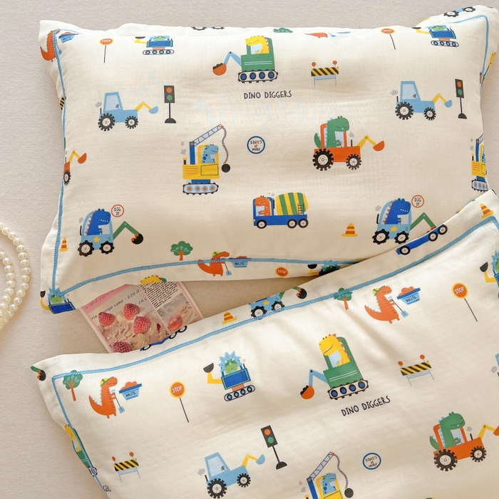 91家纺网 家纺一手货源 找家纺 百寐 2026新款母婴A类双层棉纱枕套婴幼儿卡通宝宝枕套子母信封枕套 小挖机