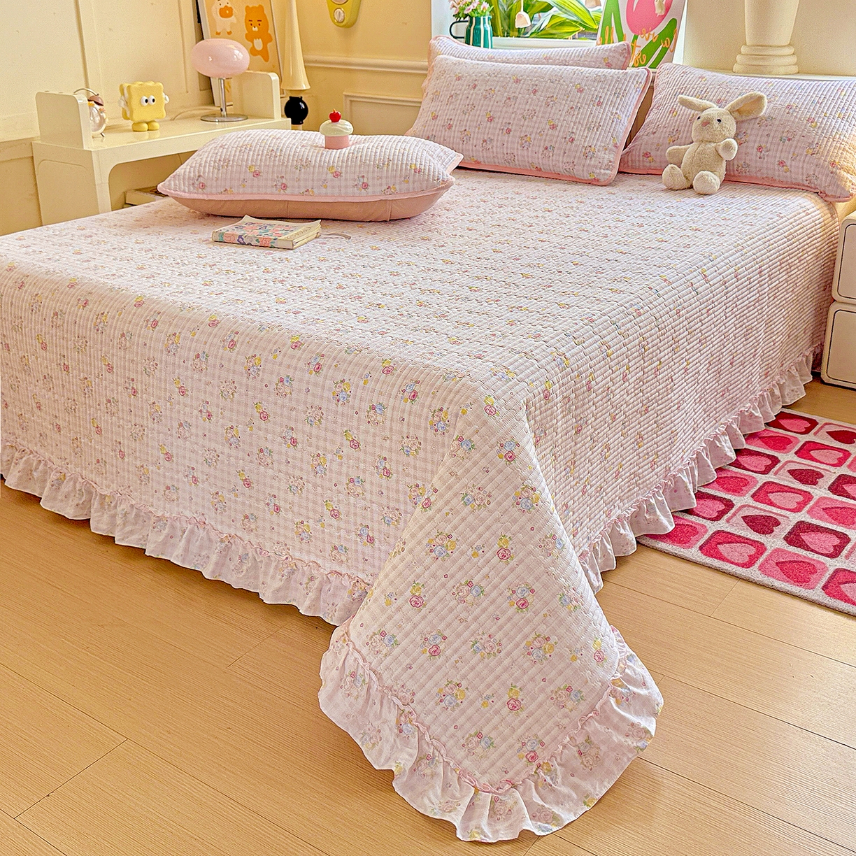 91家纺网 家纺一手货源 找家纺 恒尚居 2026新款云感皱皱纱床盖花边床单双层纱床盖三件套-四季款 花边款-美好时光