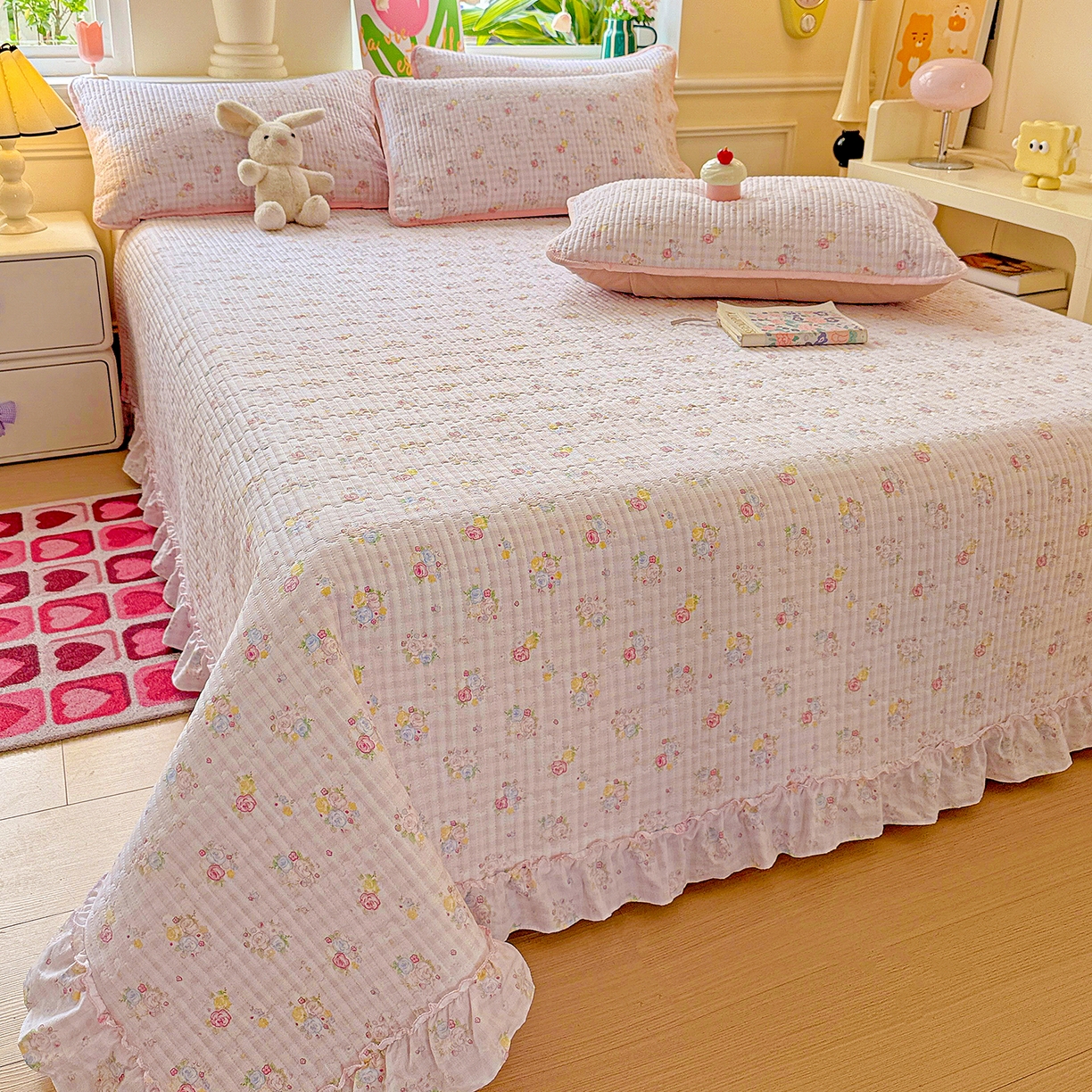 91家纺网 家纺一手货源 找家纺 恒尚居 2026新款云感皱皱纱床盖花边床单双层纱床盖三件套-四季款 花边款-美好时光