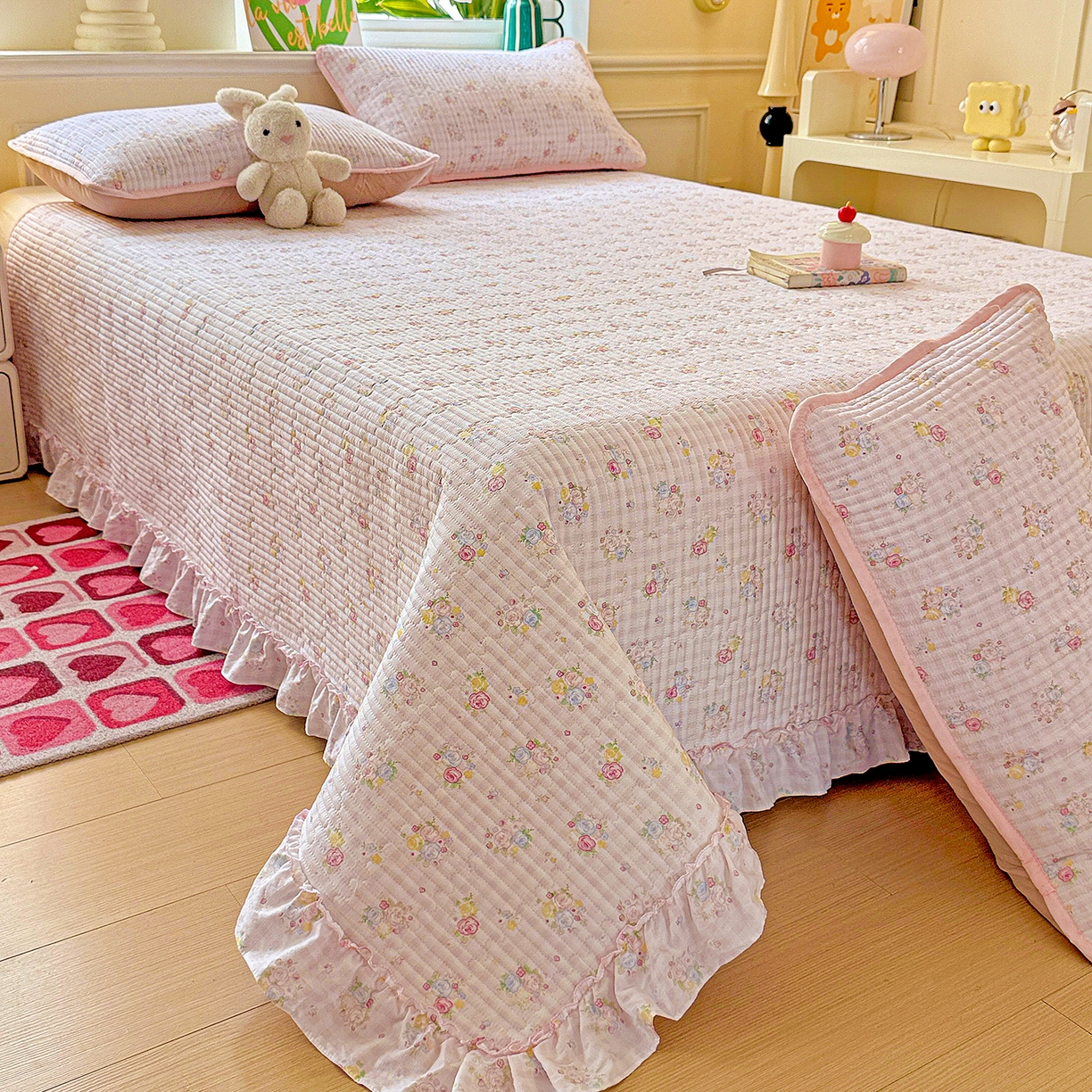 91家纺网 家纺一手货源 找家纺 恒尚居 2026新款云感皱皱纱床盖花边床单双层纱床盖三件套-四季款 花边款-美好时光