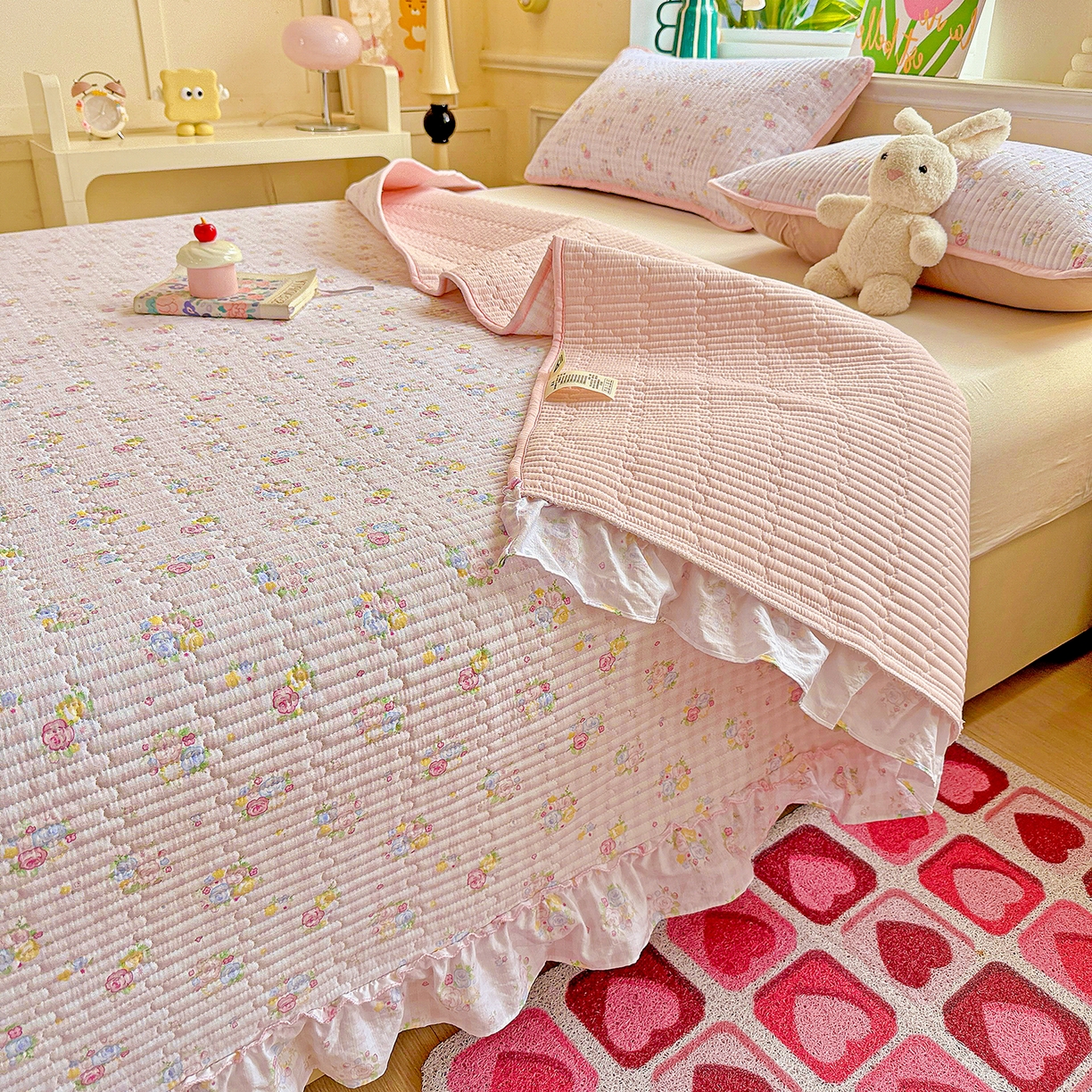 91家纺网 家纺一手货源 找家纺 恒尚居 2026新款云感皱皱纱床盖花边床单双层纱床盖三件套-四季款 花边款-美好时光