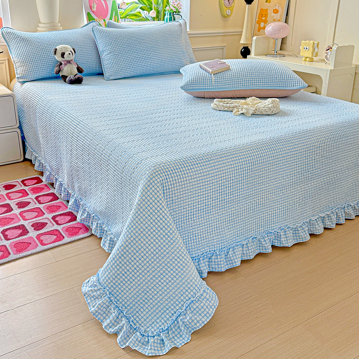 91家纺网 家纺一手货源 找家纺 恒尚居 2026新款云感皱皱纱床盖花边床单双层纱床盖三件套-四季款 花边款-天蓝格