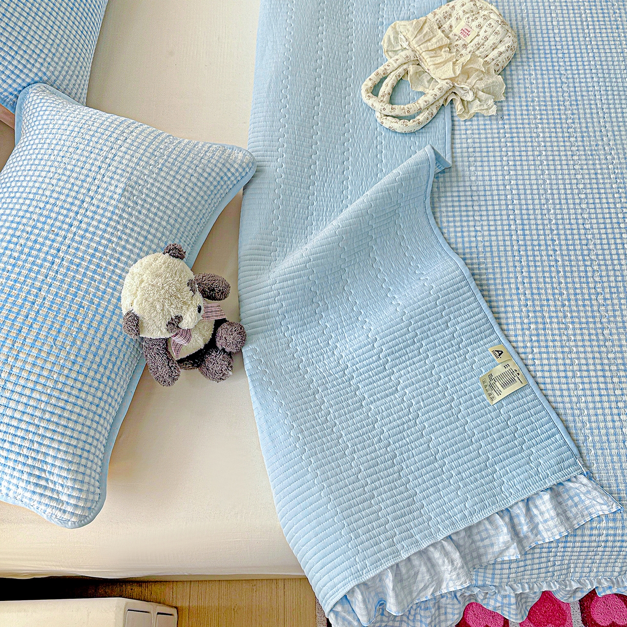 91家纺网 家纺一手货源 找家纺 恒尚居 2026新款云感皱皱纱床盖花边床单双层纱床盖三件套-四季款 花边款-天蓝格