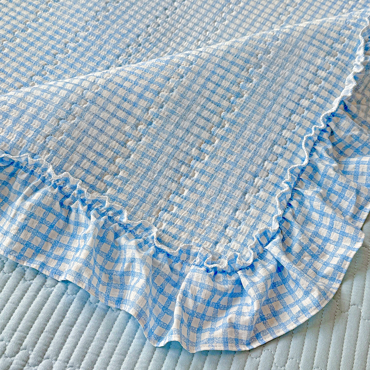 91家纺网 家纺一手货源 找家纺 恒尚居 2026新款云感皱皱纱床盖花边床单双层纱床盖三件套-四季款 花边款-天蓝格