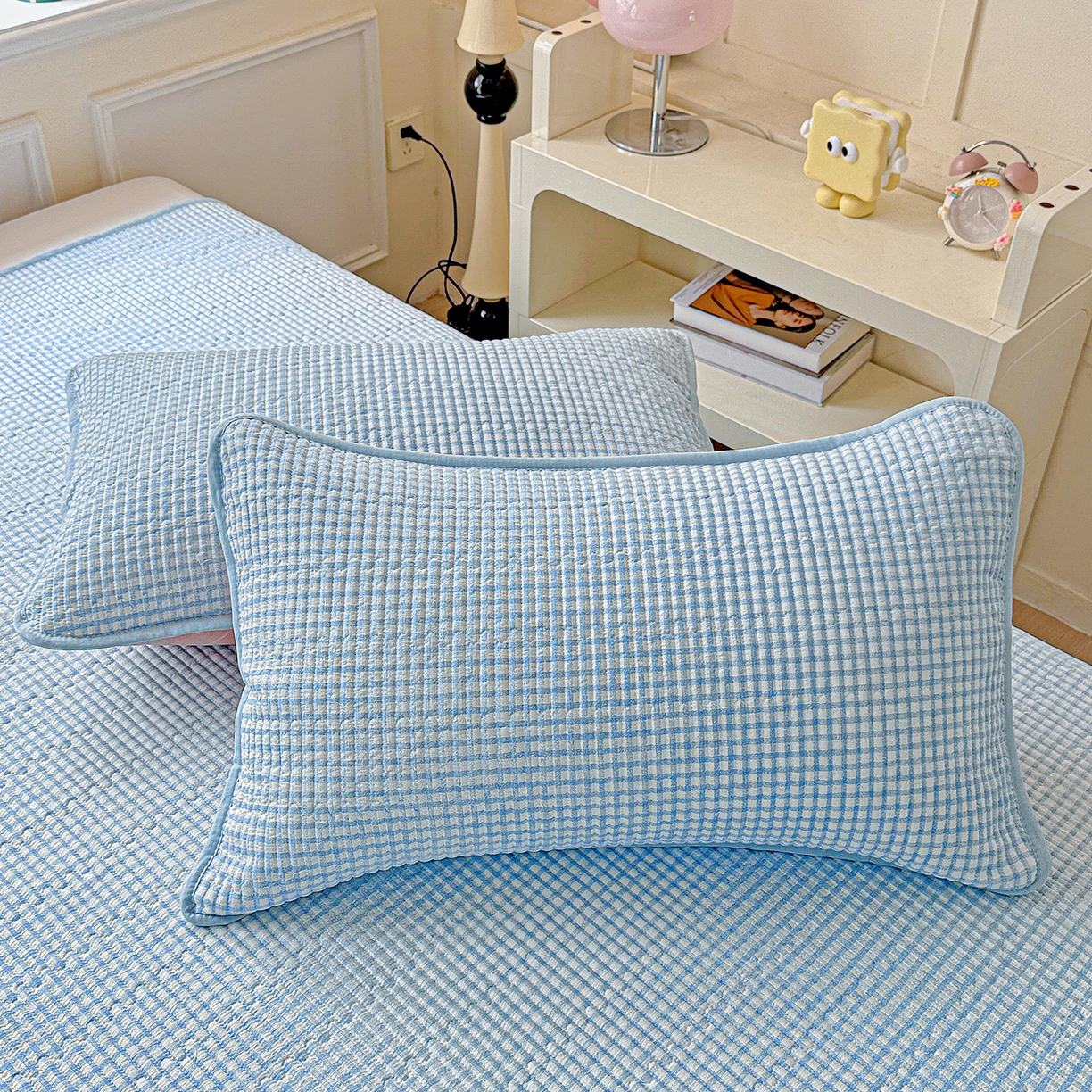 91家纺网 家纺一手货源 找家纺 恒尚居 2026新款云感皱皱纱床盖花边床单双层纱床盖三件套-四季款 花边款-天蓝格