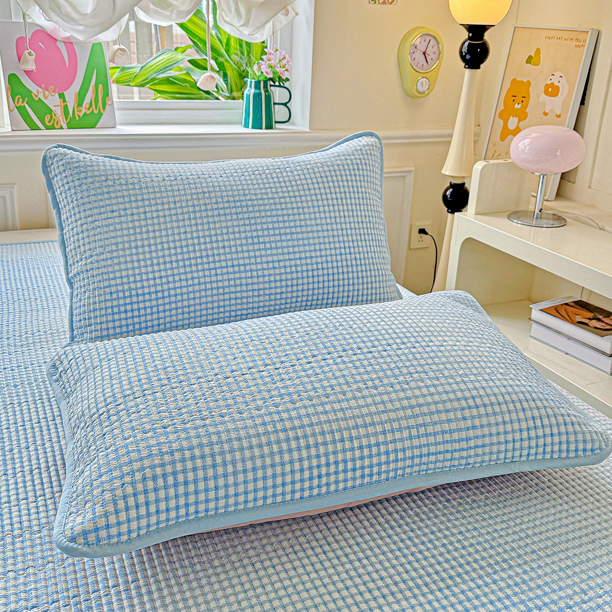 91家纺网 家纺一手货源 找家纺 恒尚居 2026新款云感皱皱纱床盖花边床单双层纱床盖三件套-四季款 花边款-天蓝格