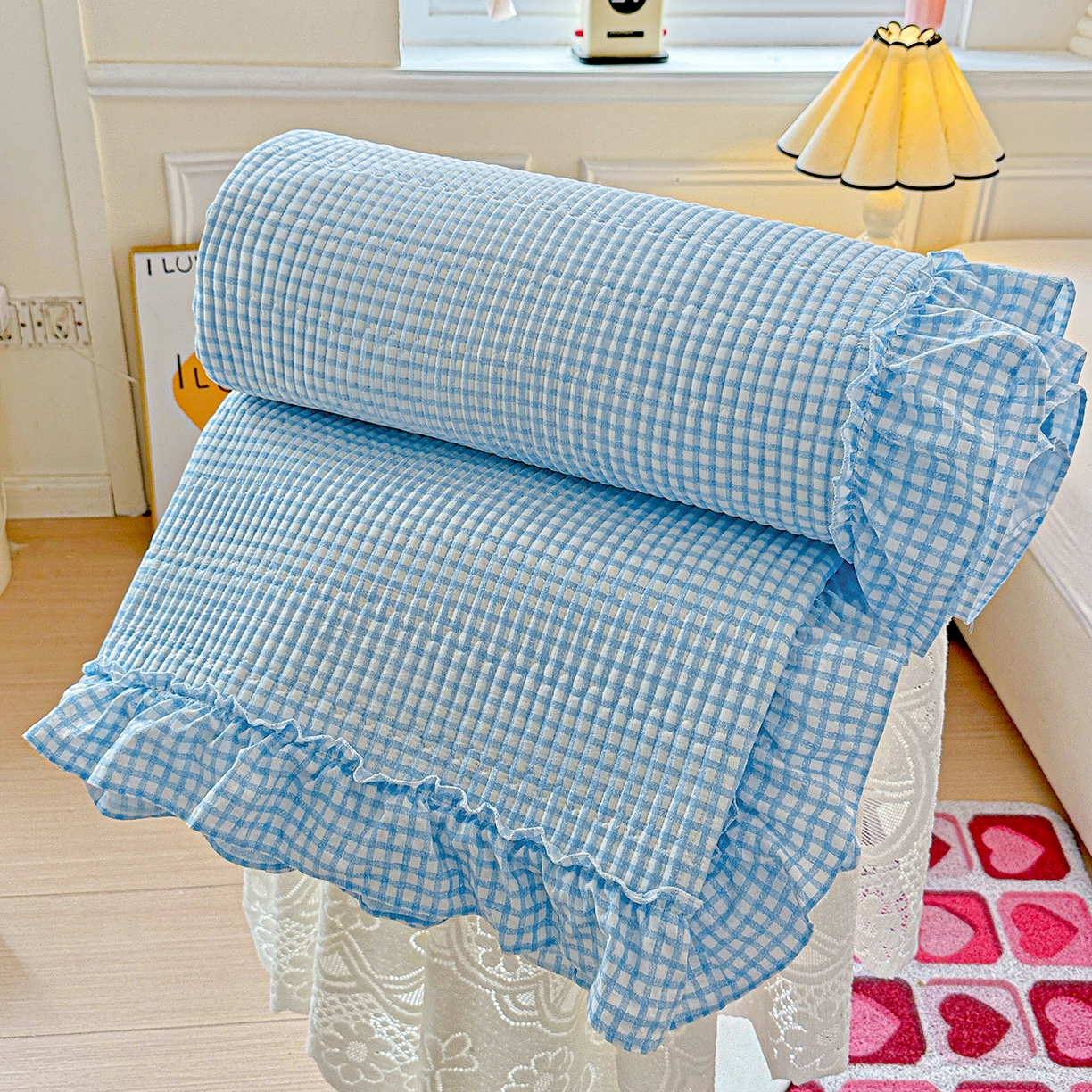 91家纺网 家纺一手货源 找家纺 恒尚居 2026新款云感皱皱纱床盖花边床单双层纱床盖三件套-四季款 花边款-天蓝格