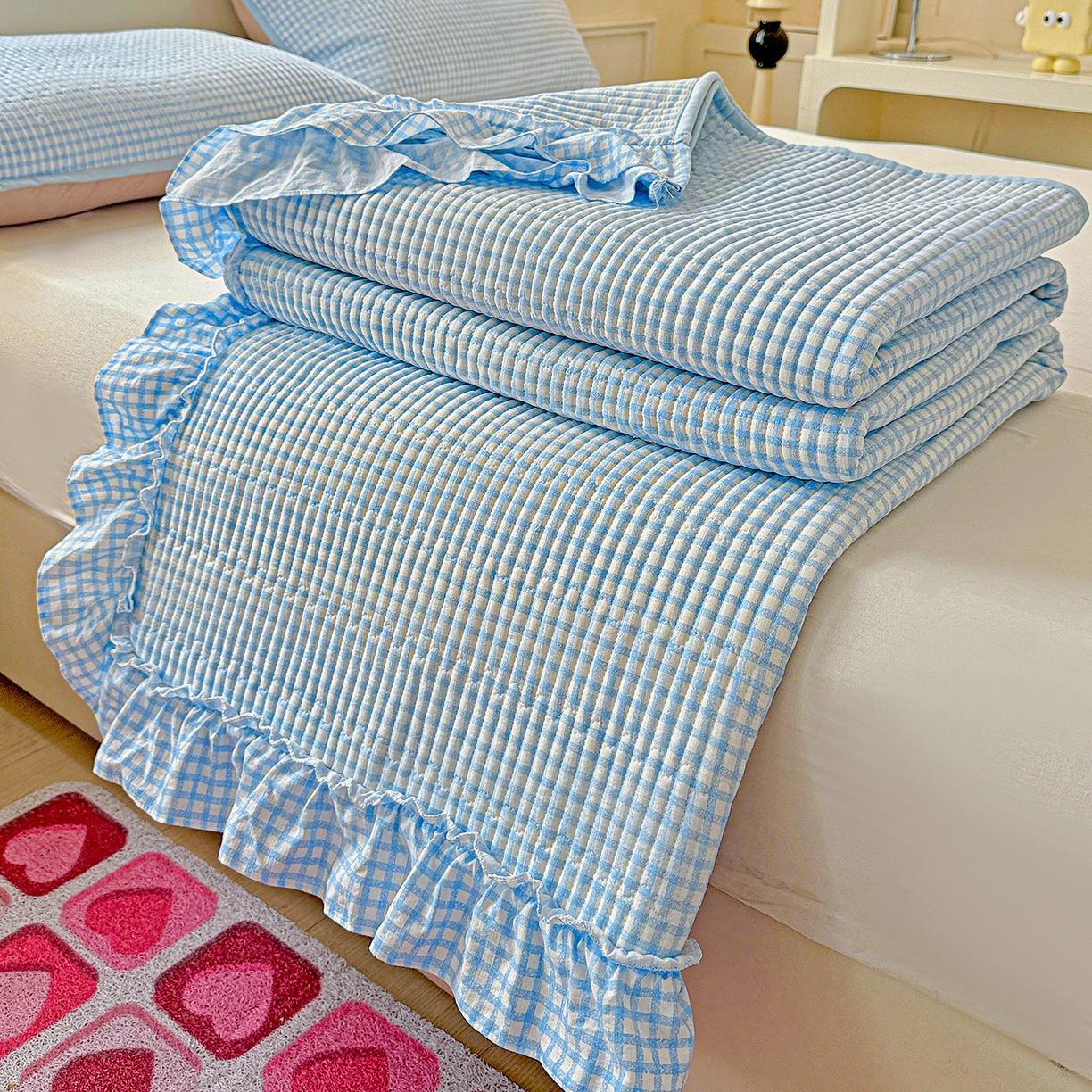 91家纺网 家纺一手货源 找家纺 恒尚居 2026新款云感皱皱纱床盖花边床单双层纱床盖三件套-四季款 花边款-天蓝格