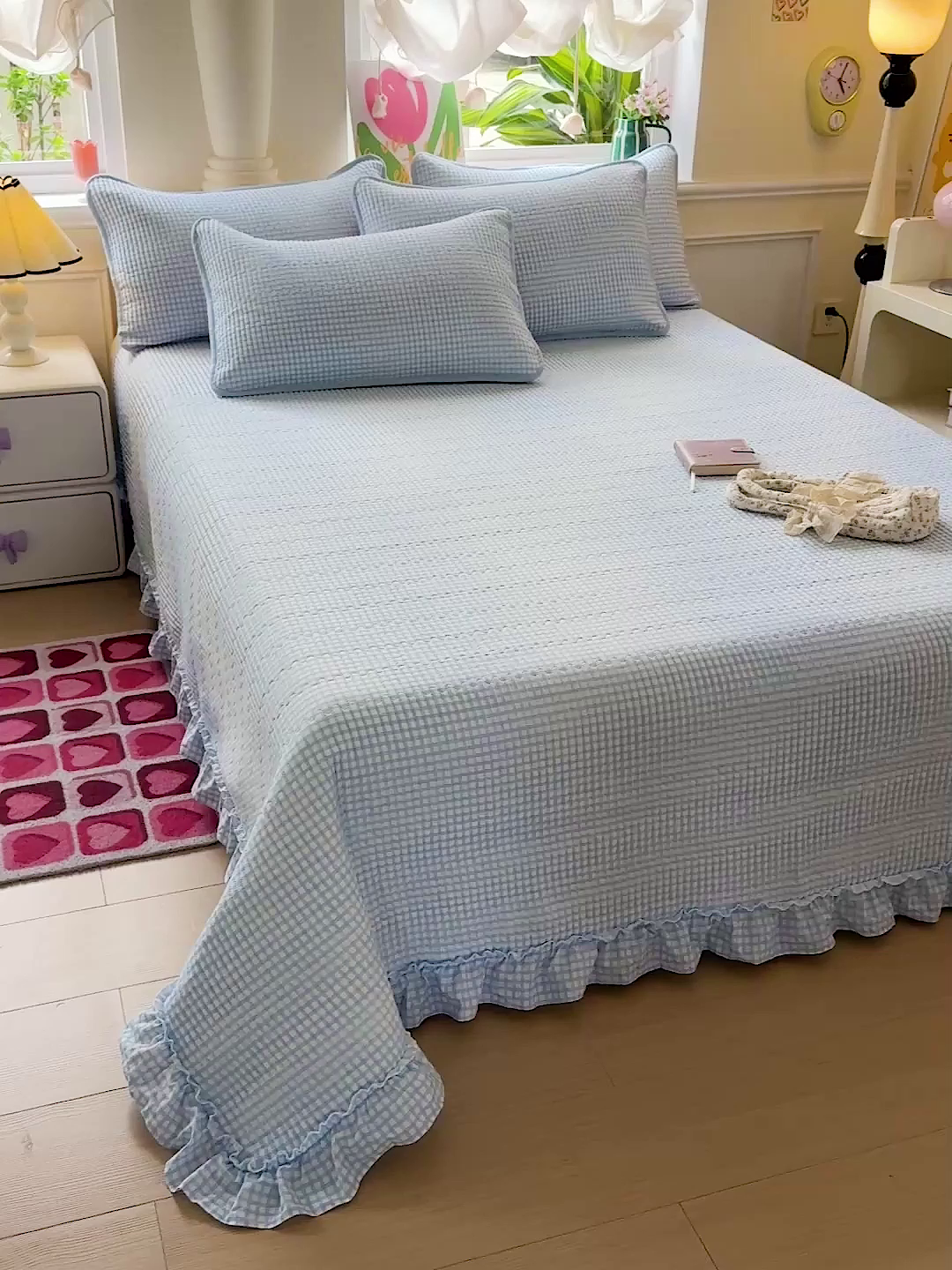 91家纺网 家纺一手货源 找家纺 恒尚居 2026新款云感皱皱纱床盖花边床单双层纱床盖三件套-四季款 花边款-天蓝格