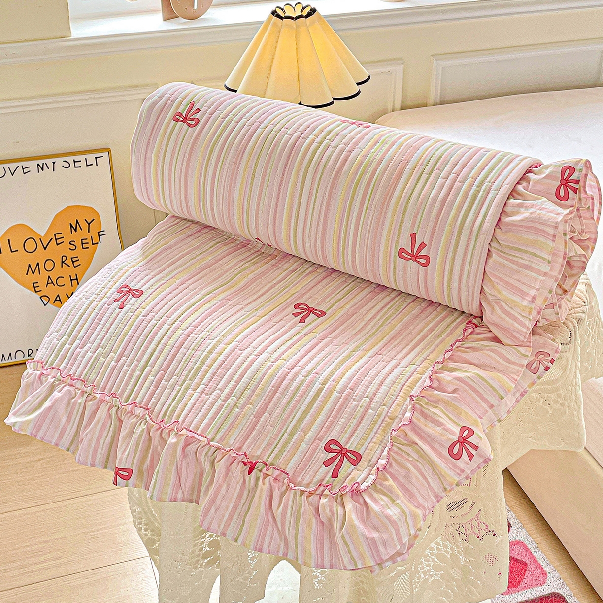 91家纺网 家纺一手货源 找家纺 恒尚居 2026新款云感皱皱纱床盖花边床单双层纱床盖三件套-四季款 花边款-完美日记