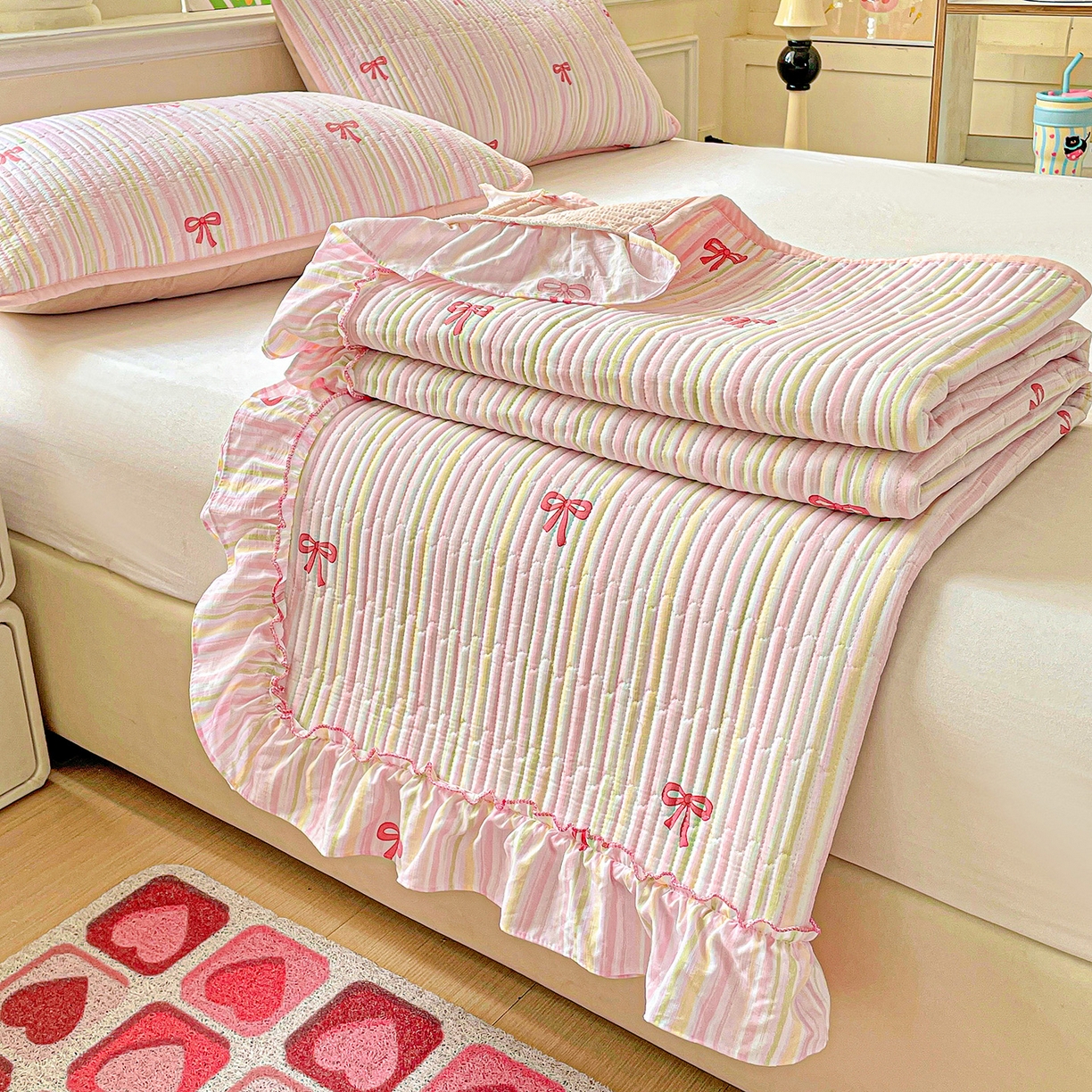 91家纺网 家纺一手货源 找家纺 恒尚居 2026新款云感皱皱纱床盖花边床单双层纱床盖三件套-四季款 花边款-完美日记