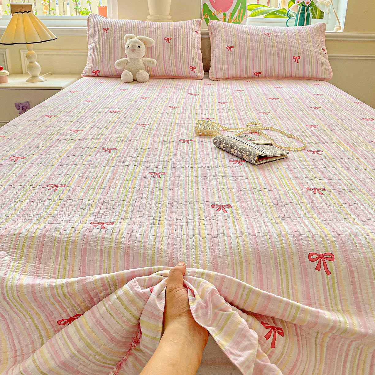 91家纺网 家纺一手货源 找家纺 恒尚居 2026新款云感皱皱纱床盖花边床单双层纱床盖三件套-四季款 花边款-完美日记