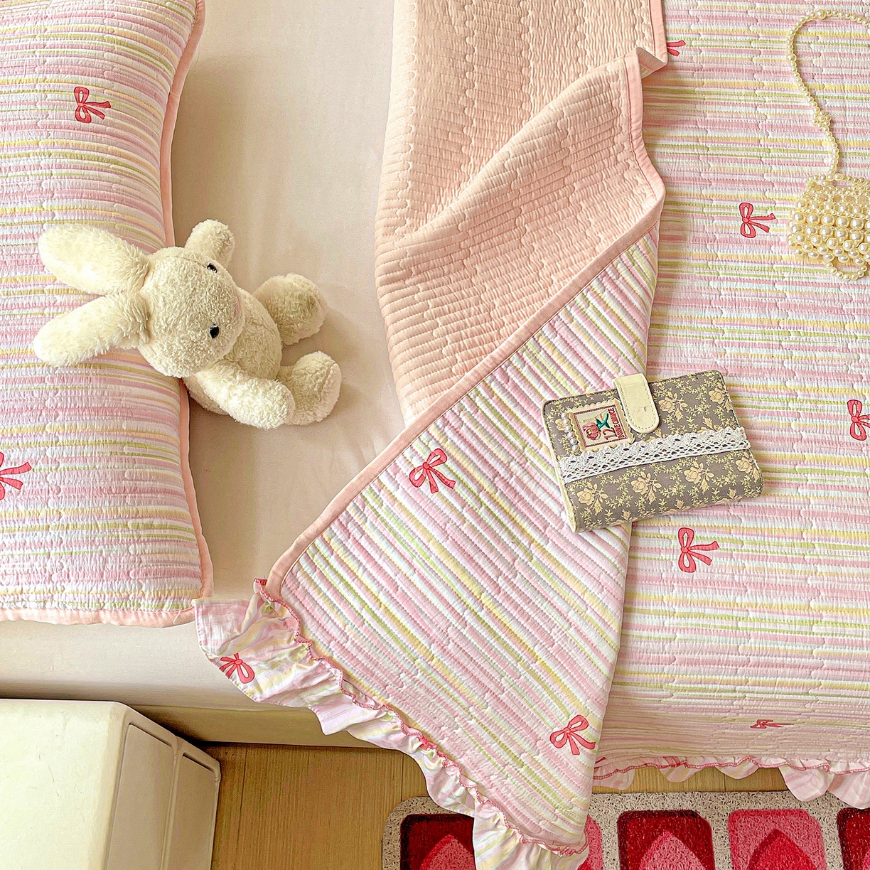 91家纺网 家纺一手货源 找家纺 恒尚居 2026新款云感皱皱纱床盖花边床单双层纱床盖三件套-四季款 花边款-完美日记