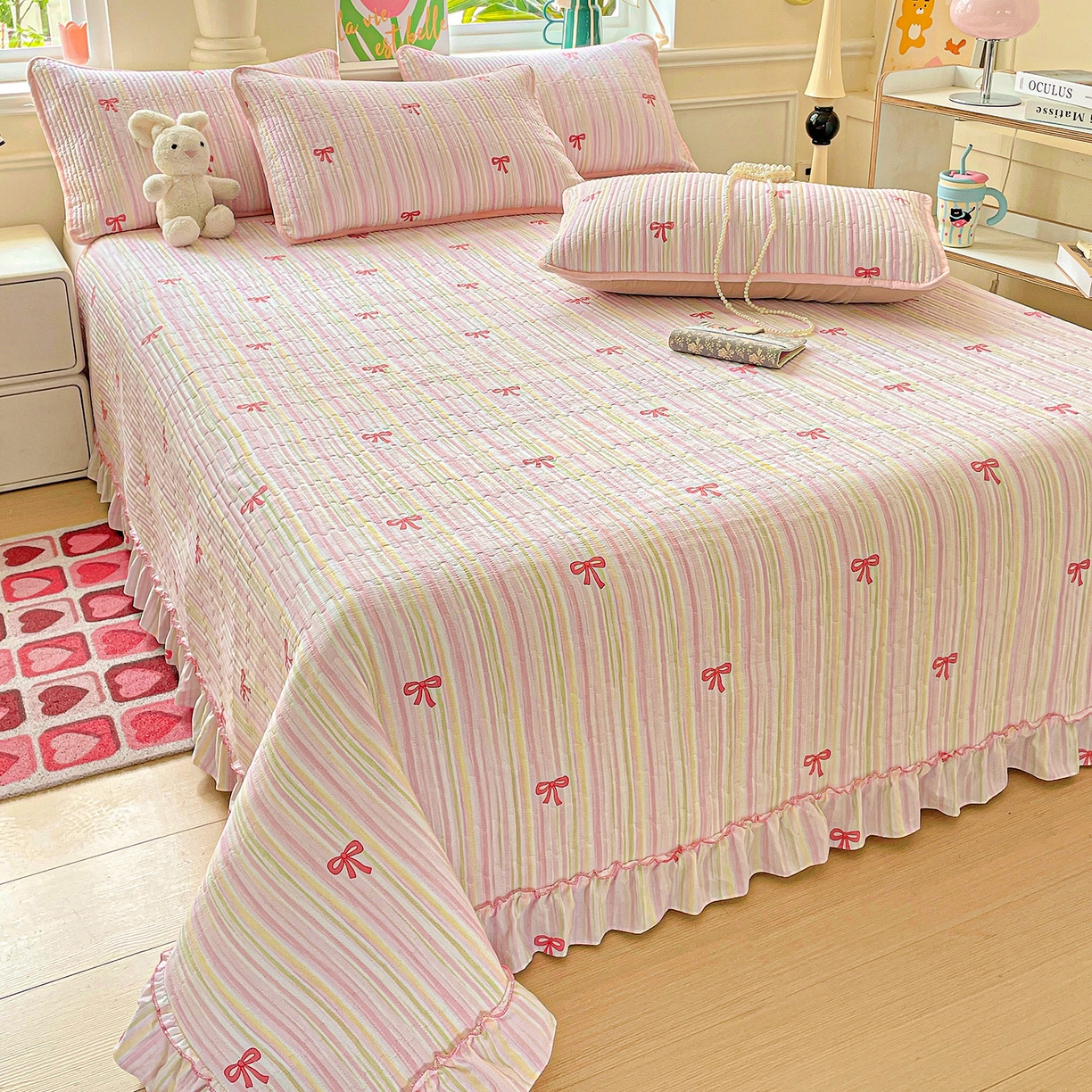 91家纺网 家纺一手货源 找家纺 恒尚居 2026新款云感皱皱纱床盖花边床单双层纱床盖三件套-四季款 花边款-完美日记