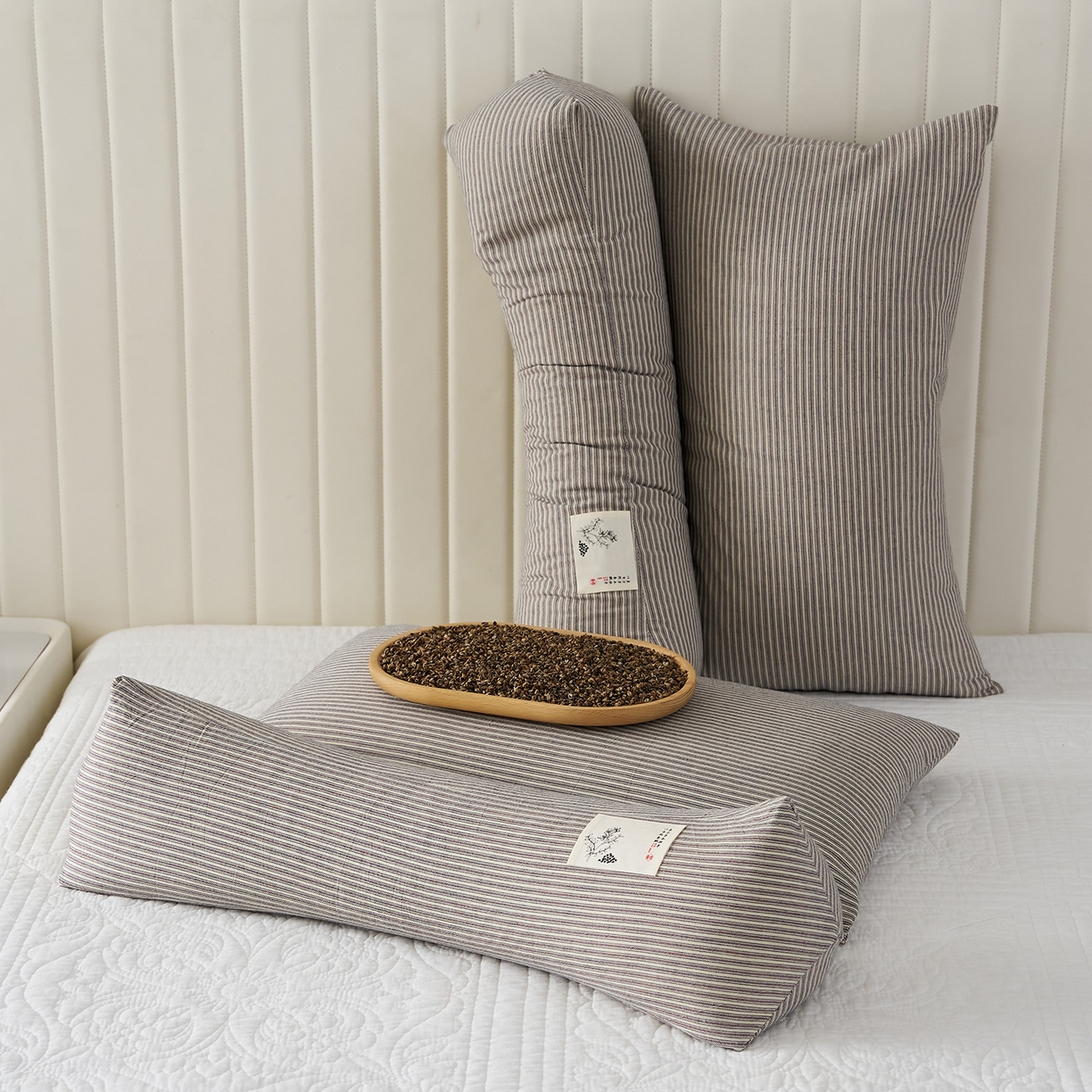 91家纺网 家纺一手货源 找家纺 乐可 2026新款条纹生态荞麦组合枕枕头枕芯 生态组合枕-杏仁