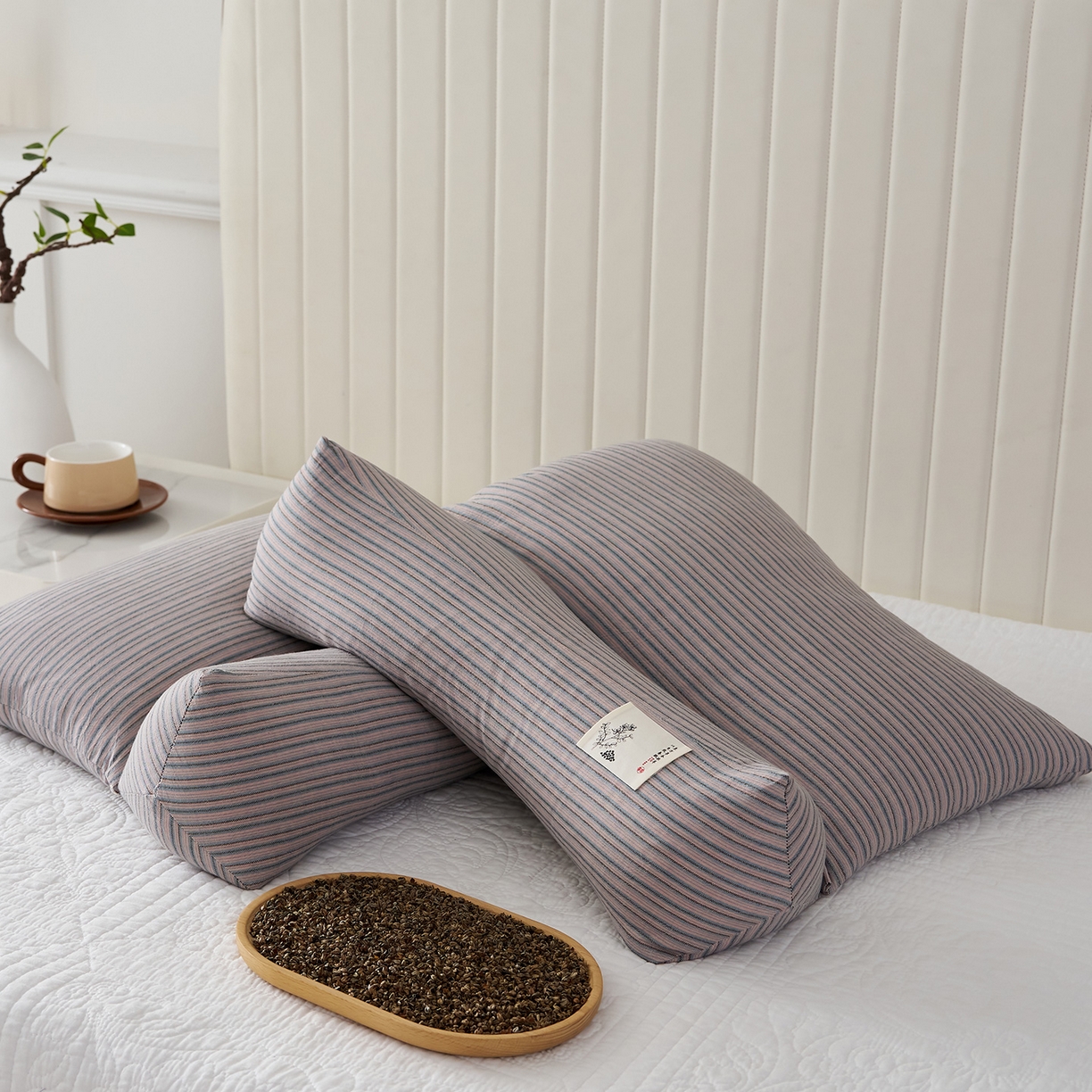 91家纺网 家纺一手货源 找家纺 乐可 2026新款条纹生态荞麦组合枕枕头枕芯 生态组合枕-暗粉