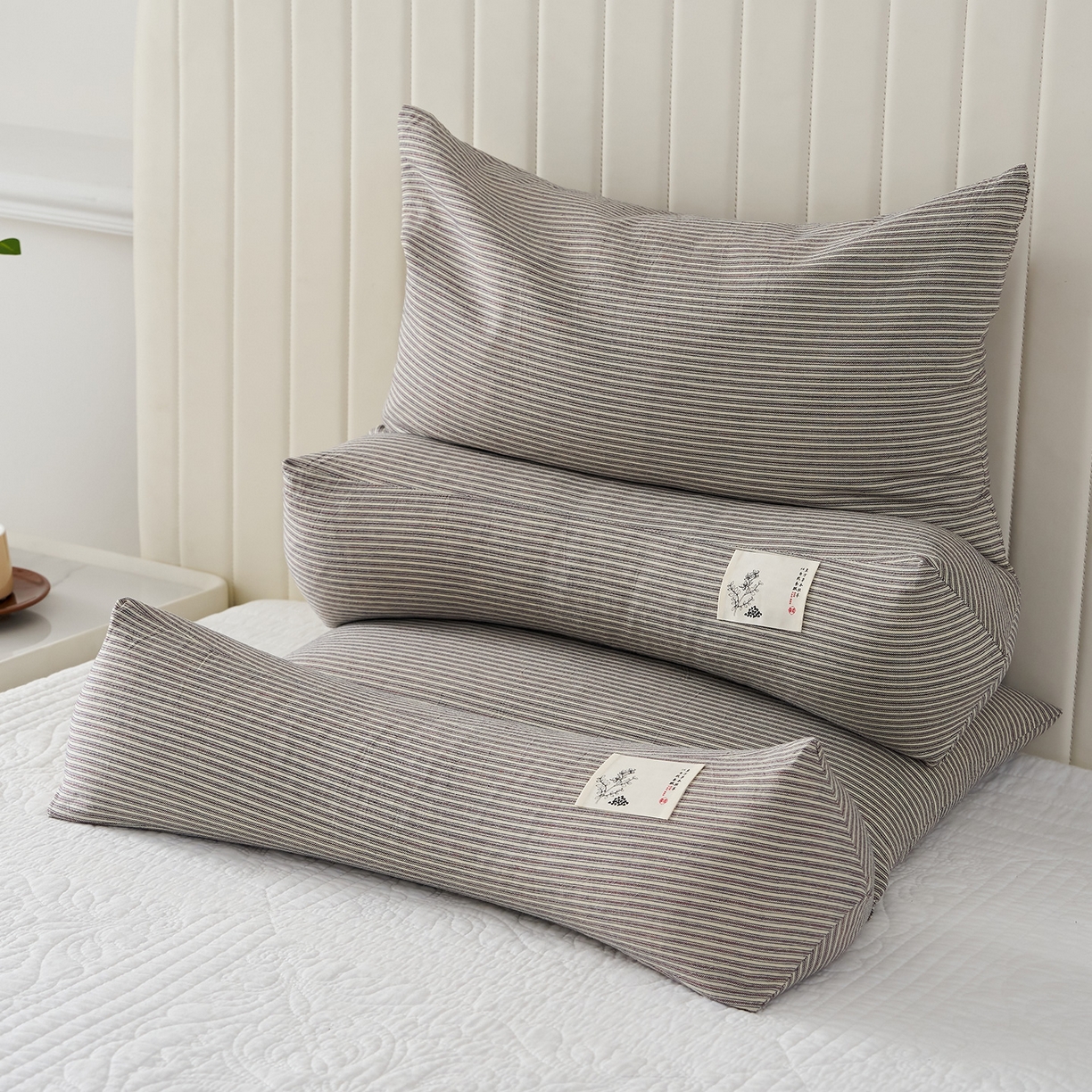 91家纺网 家纺一手货源 找家纺 乐可 2026新款条纹生态荞麦组合枕枕头枕芯 生态组合枕-杏仁