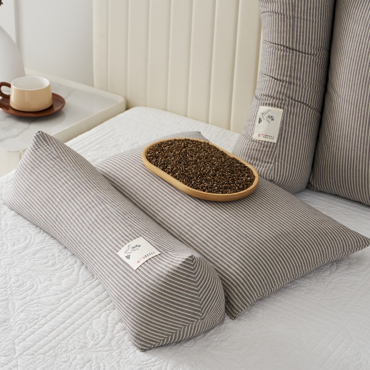 91家纺网 家纺一手货源 找家纺 乐可 2026新款条纹生态荞麦组合枕枕头枕芯 生态组合枕-杏仁