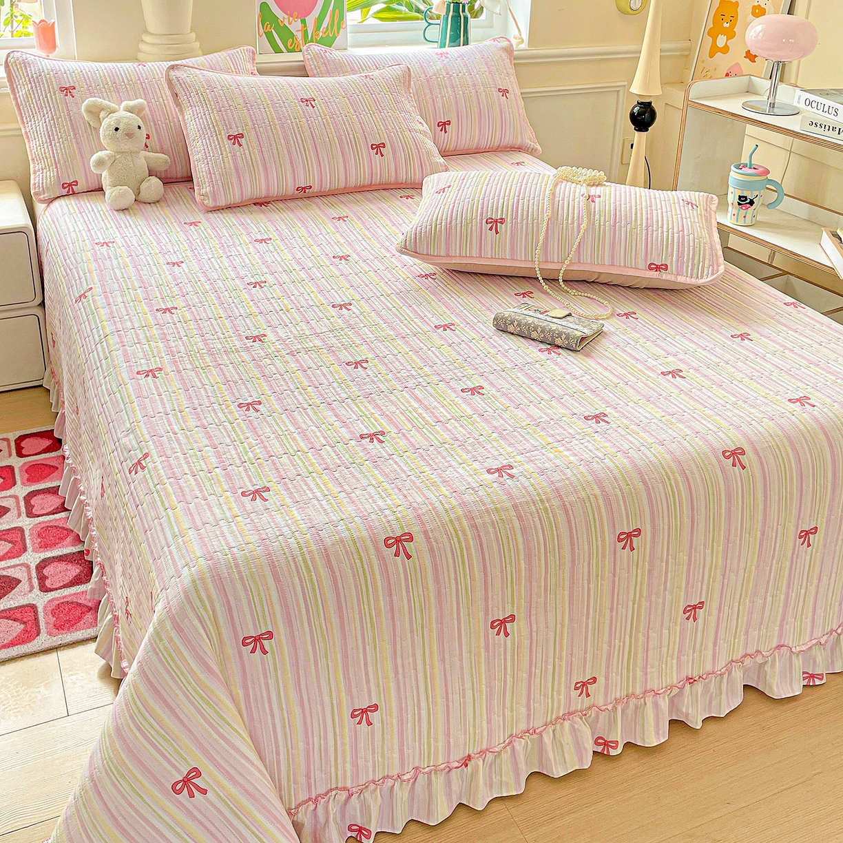 91家纺网 家纺一手货源 找家纺 恒尚居 2026新款云感皱皱纱床盖花边床单双层纱床盖三件套-四季款 花边款-完美日记