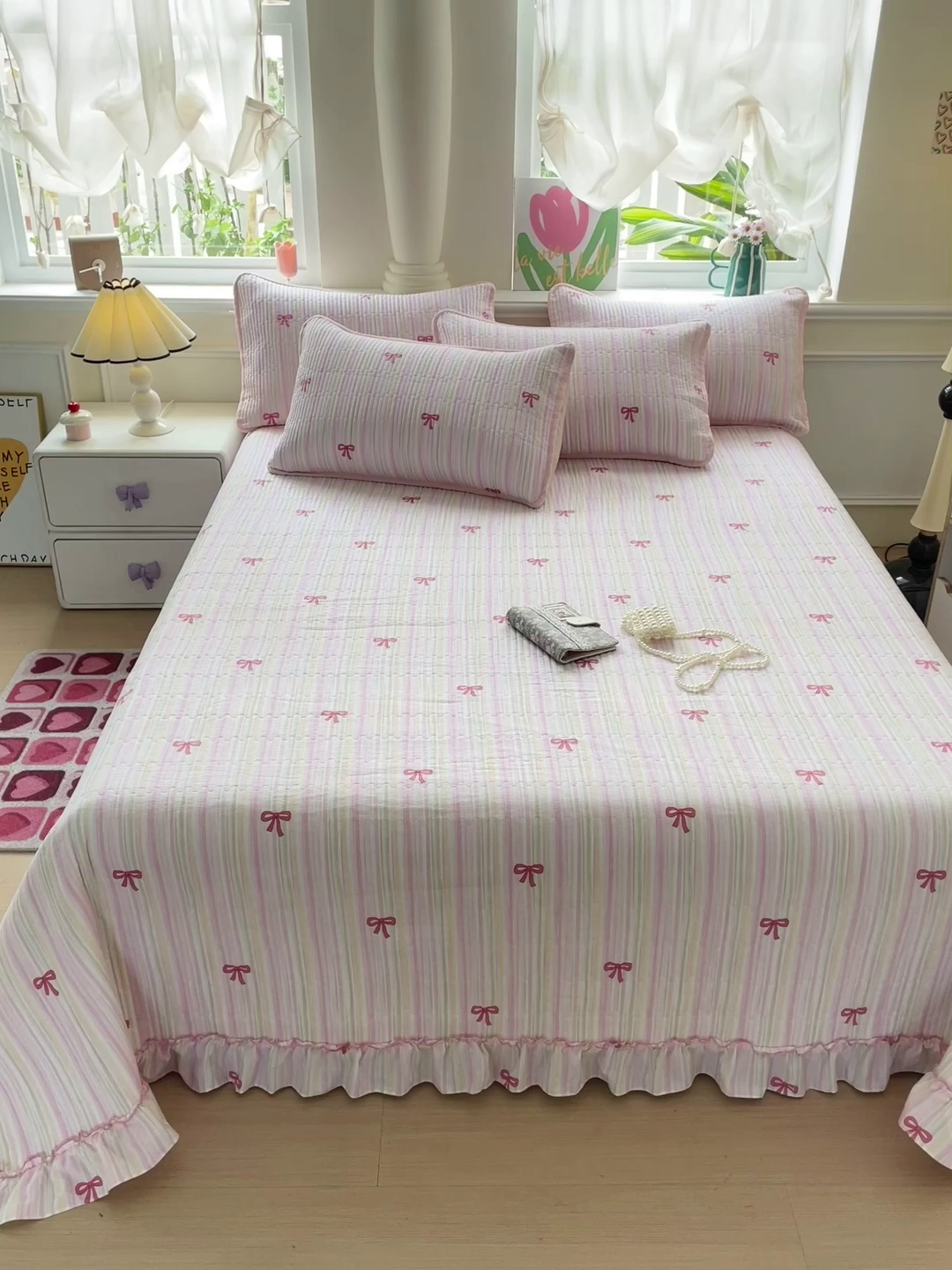 91家纺网 家纺一手货源 找家纺 恒尚居 2026新款云感皱皱纱床盖花边床单双层纱床盖三件套-四季款 花边款-完美日记