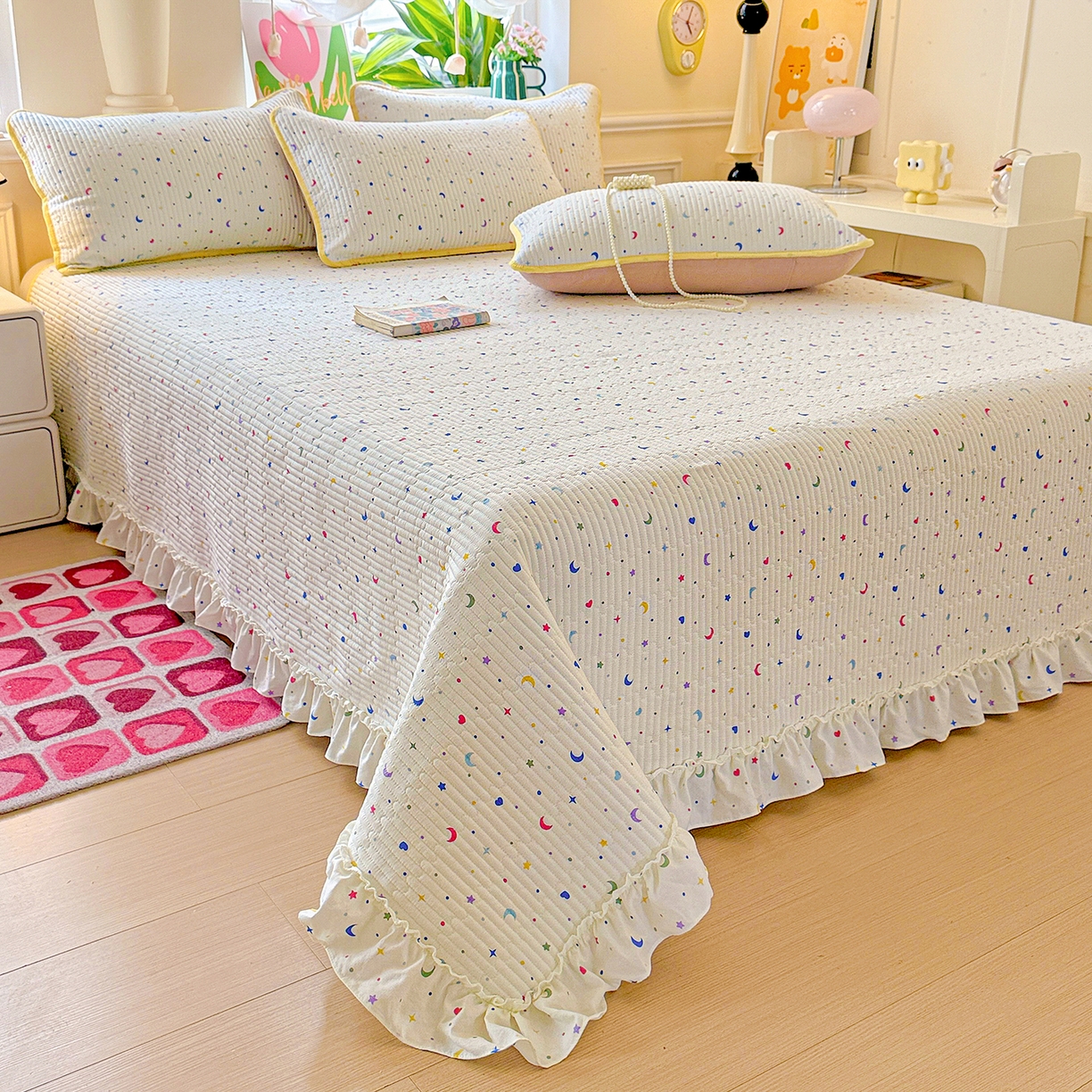 91家纺网 家纺一手货源 找家纺 恒尚居 2026新款云感皱皱纱床盖花边床单双层纱床盖三件套-四季款 花边款-星月