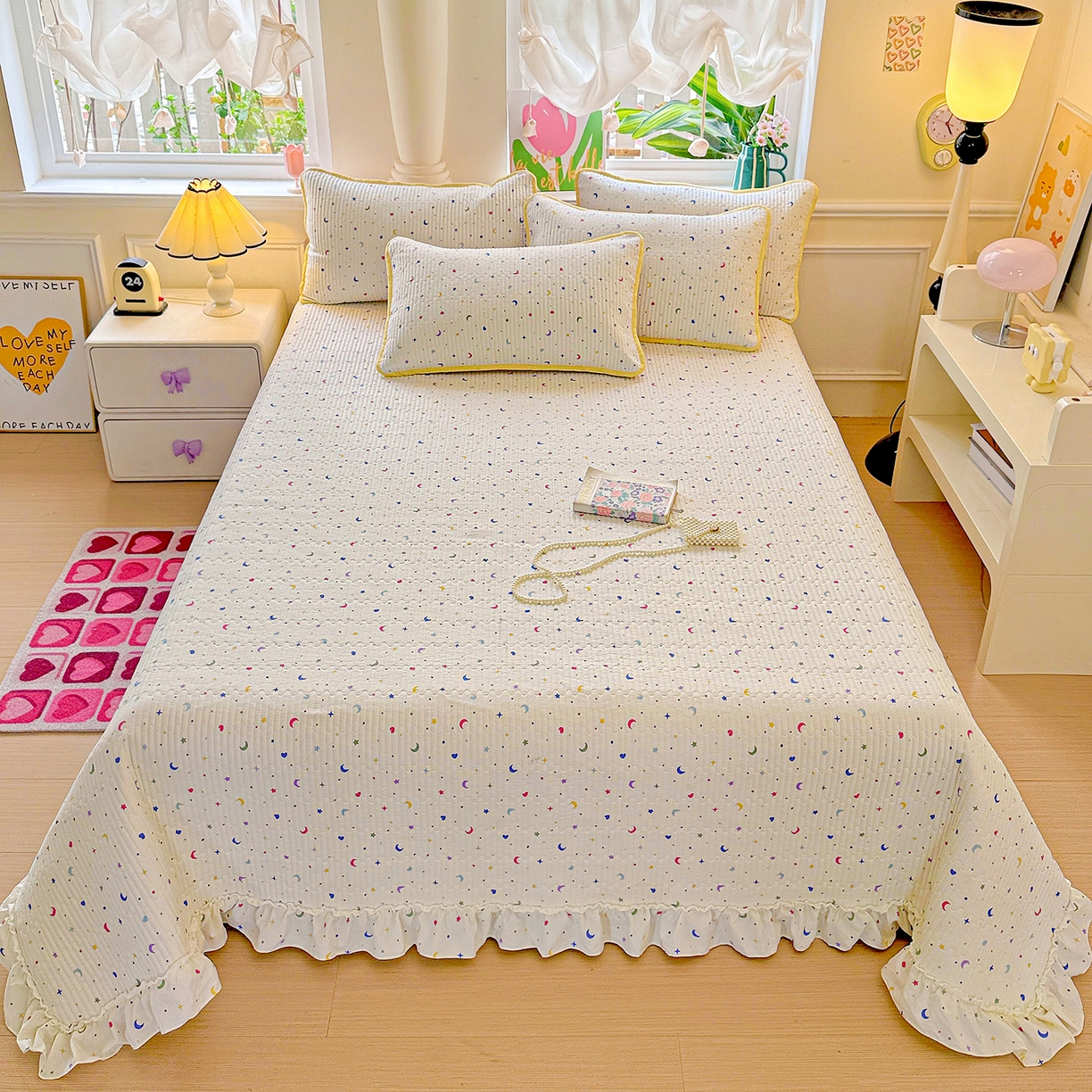 91家纺网 家纺一手货源 找家纺 恒尚居 2026新款云感皱皱纱床盖花边床单双层纱床盖三件套-四季款 花边款-星月