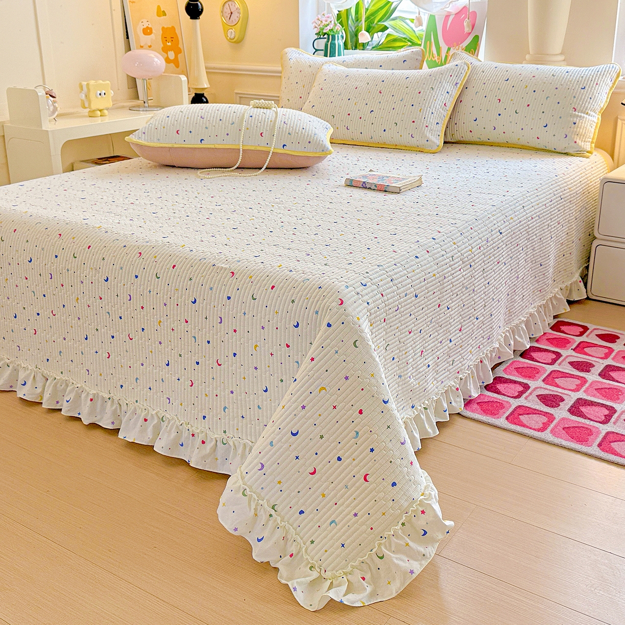 91家纺网 家纺一手货源 找家纺 恒尚居 2026新款云感皱皱纱床盖花边床单双层纱床盖三件套-四季款 花边款-星月