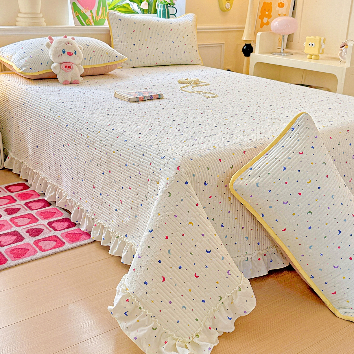 91家纺网 家纺一手货源 找家纺 恒尚居 2026新款云感皱皱纱床盖花边床单双层纱床盖三件套-四季款 花边款-星月