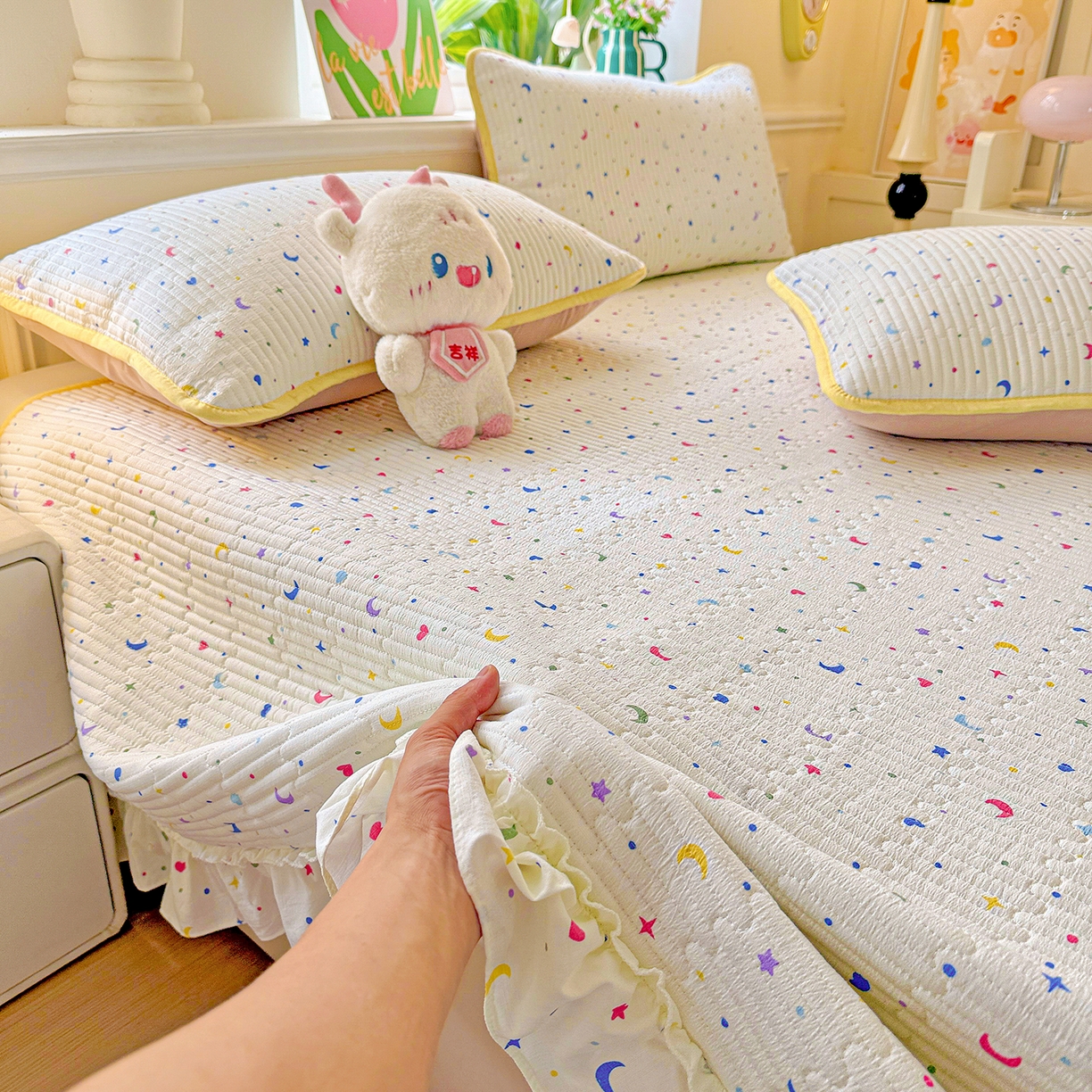 91家纺网 家纺一手货源 找家纺 恒尚居 2026新款云感皱皱纱床盖花边床单双层纱床盖三件套-四季款 花边款-星月