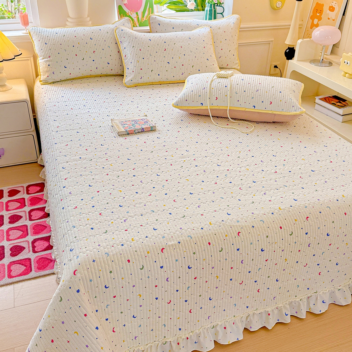 91家纺网 家纺一手货源 找家纺 恒尚居 2026新款云感皱皱纱床盖花边床单双层纱床盖三件套-四季款 花边款-星月