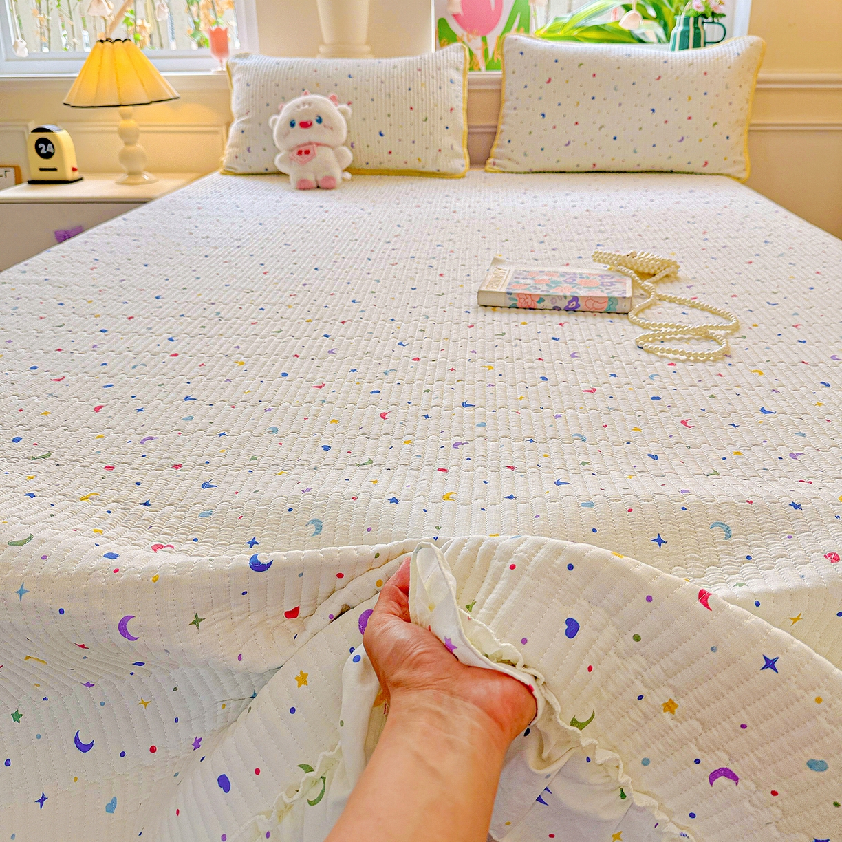 91家纺网 家纺一手货源 找家纺 恒尚居 2026新款云感皱皱纱床盖花边床单双层纱床盖三件套-四季款 花边款-星月